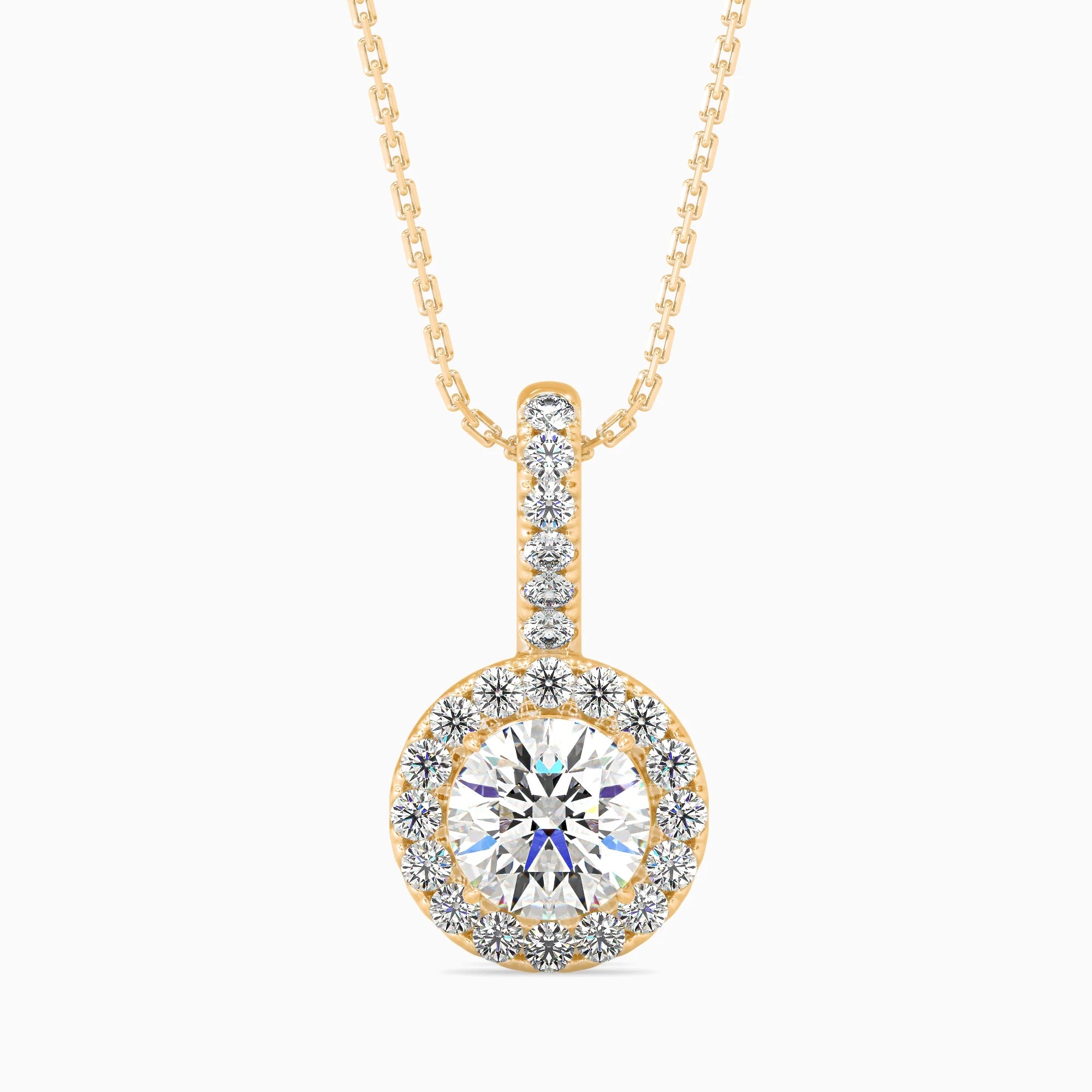 Round Brilliant Cut Lab-Grown Diamond Halo Pendant in Yellow Gold