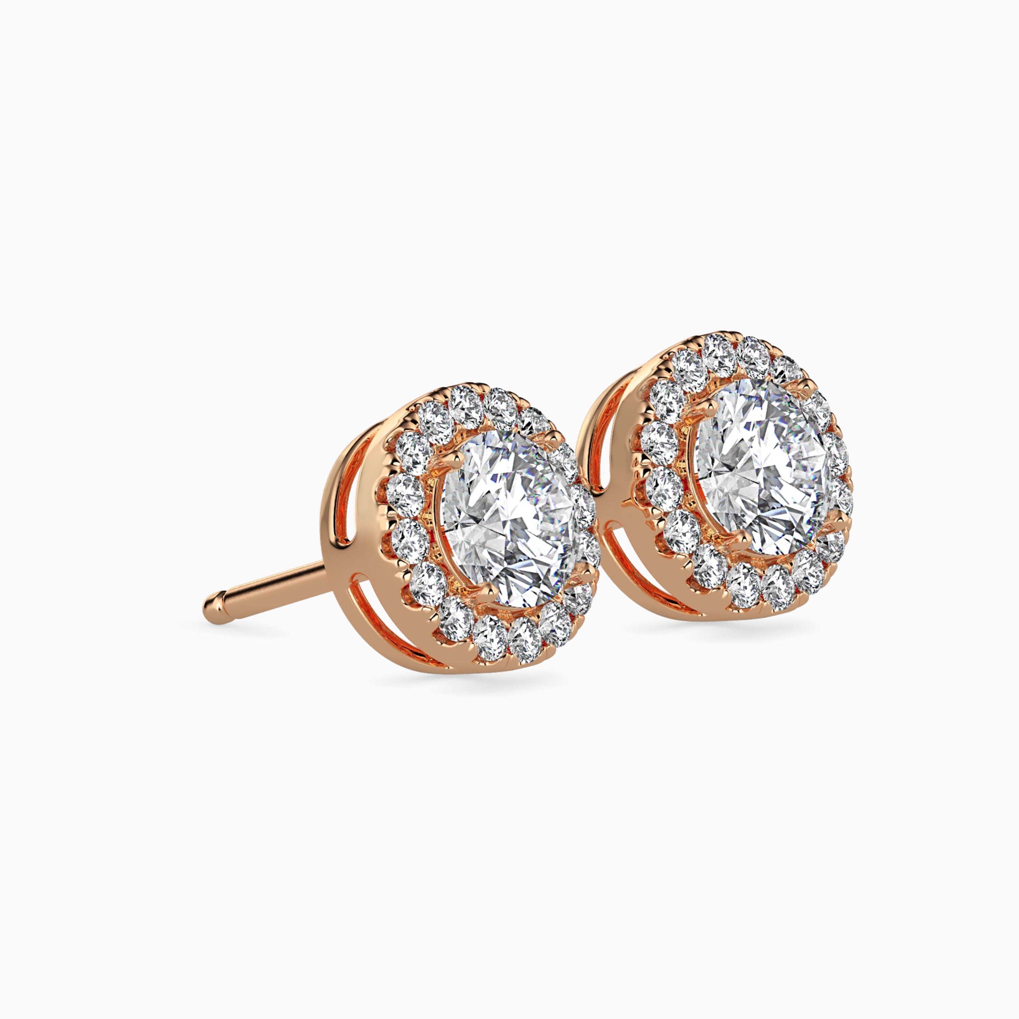 Round Brilliant Cut Lab-Grown Diamond Halo Stud Earrings in Rose Gold