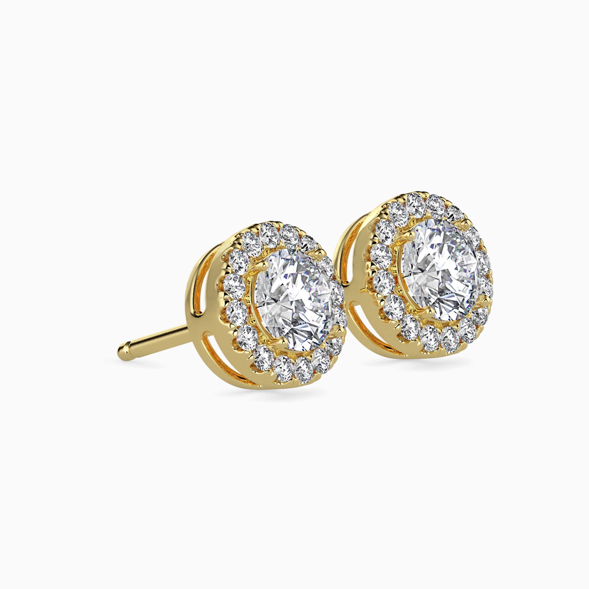 Round Brilliant Cut Lab-Grown Diamond Halo Stud Earrings in Yellow Gold