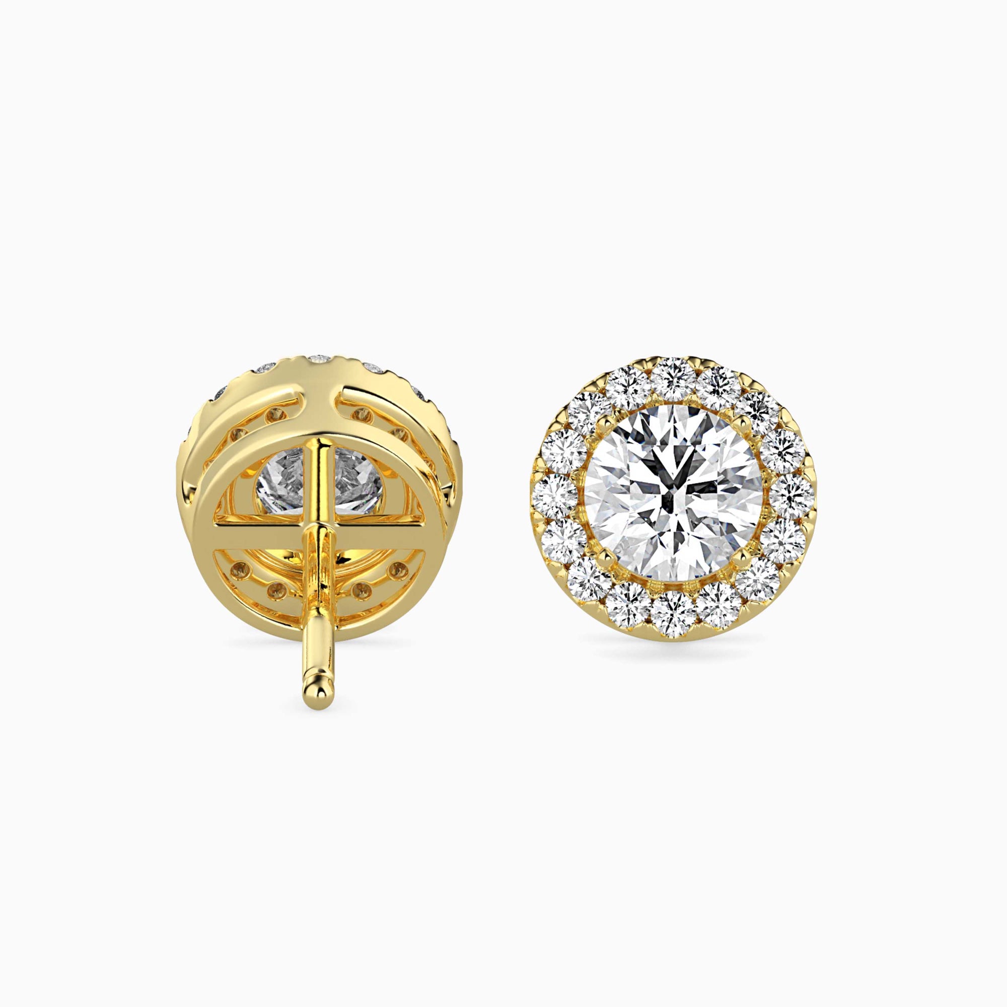 Round Brilliant Cut Lab-Grown Diamond Halo Stud Earrings in Yellow Gold