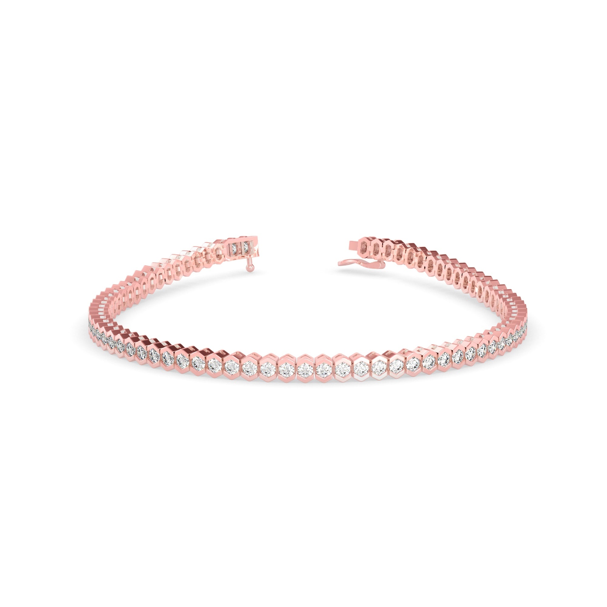 Round Brilliant Cut Lab-Grown Diamond Hexagon Bezel Tennis Bracelet in Rose Gold