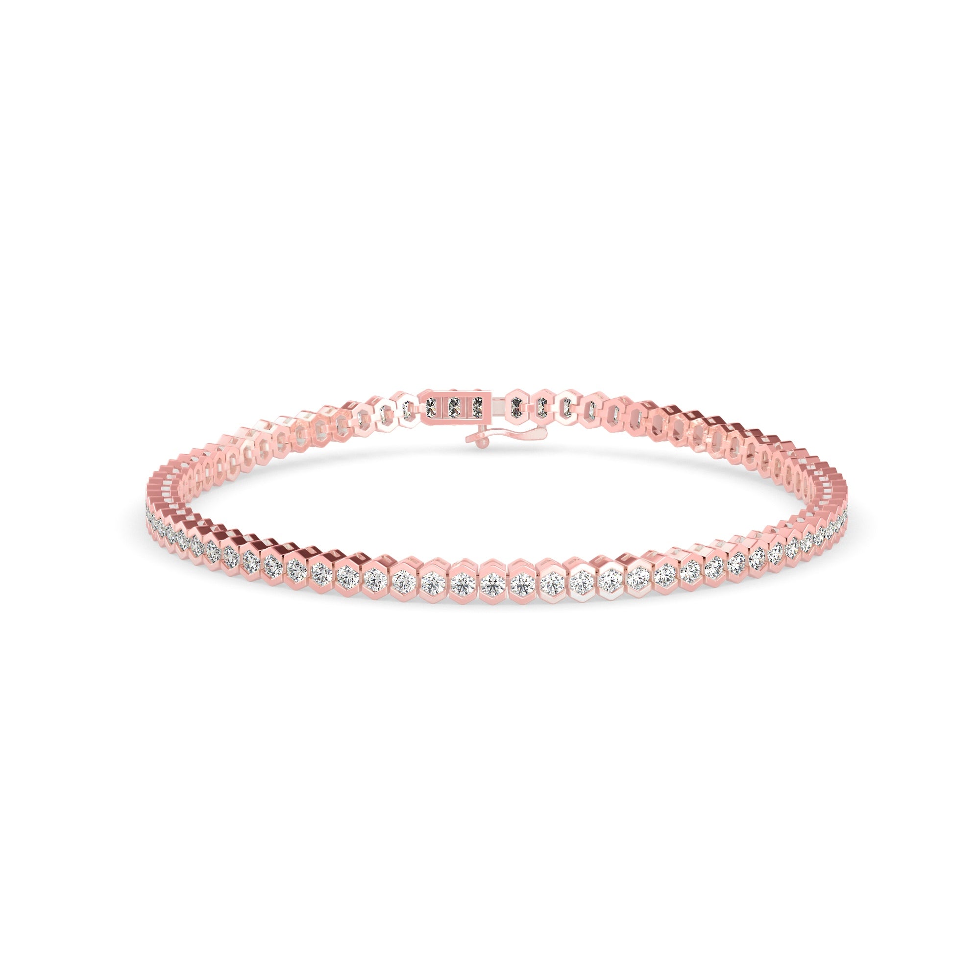 Round Brilliant Cut Lab-Grown Diamond Hexagon Bezel Tennis Bracelet in Rose Gold