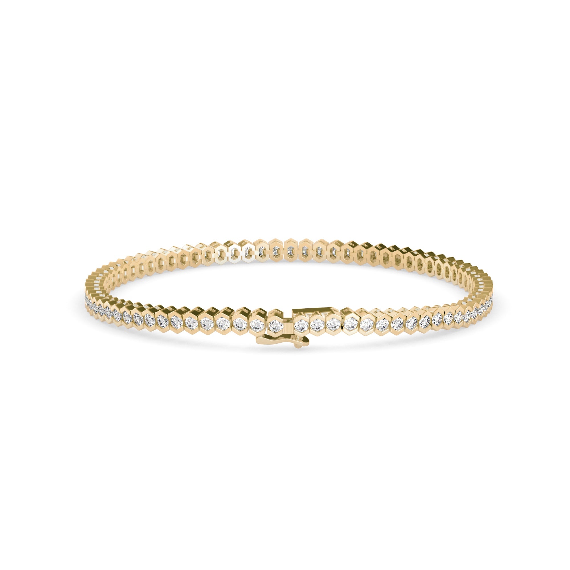 Round Brilliant Cut Lab-Grown Diamond Hexagon Bezel Tennis Bracelet in Yellow Gold