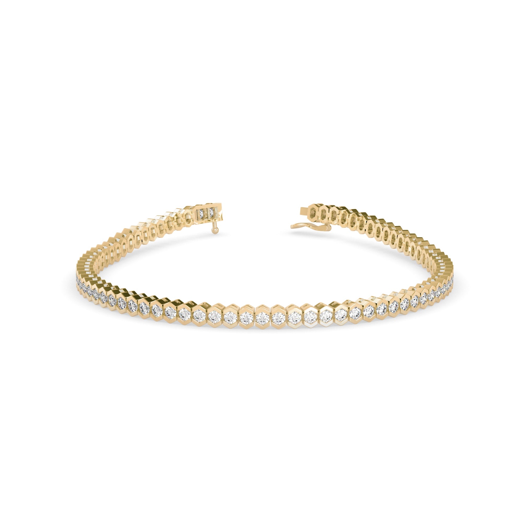 Round Brilliant Cut Lab-Grown Diamond Hexagon Bezel Tennis Bracelet in Yellow Gold