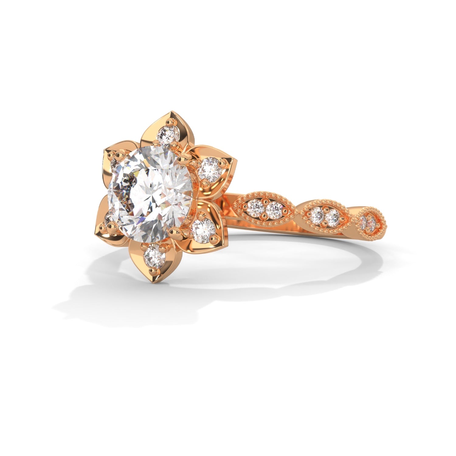 Round Brilliant Cut Lab-Grown Diamond Lotus Flower Engagement Ring in Rose Gold