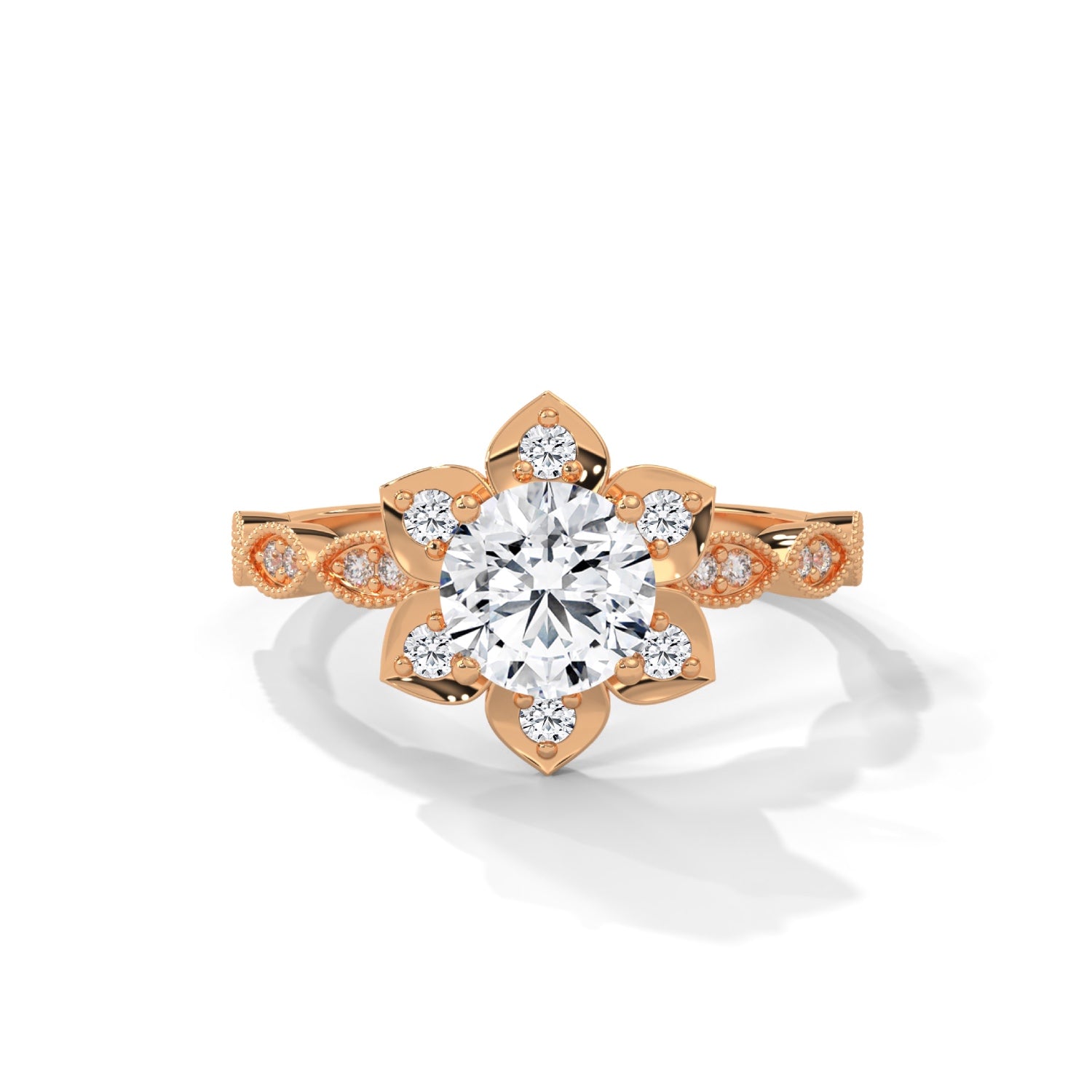 Round Brilliant Cut Lab-Grown Diamond Lotus Flower Engagement Ring in Rose Gold