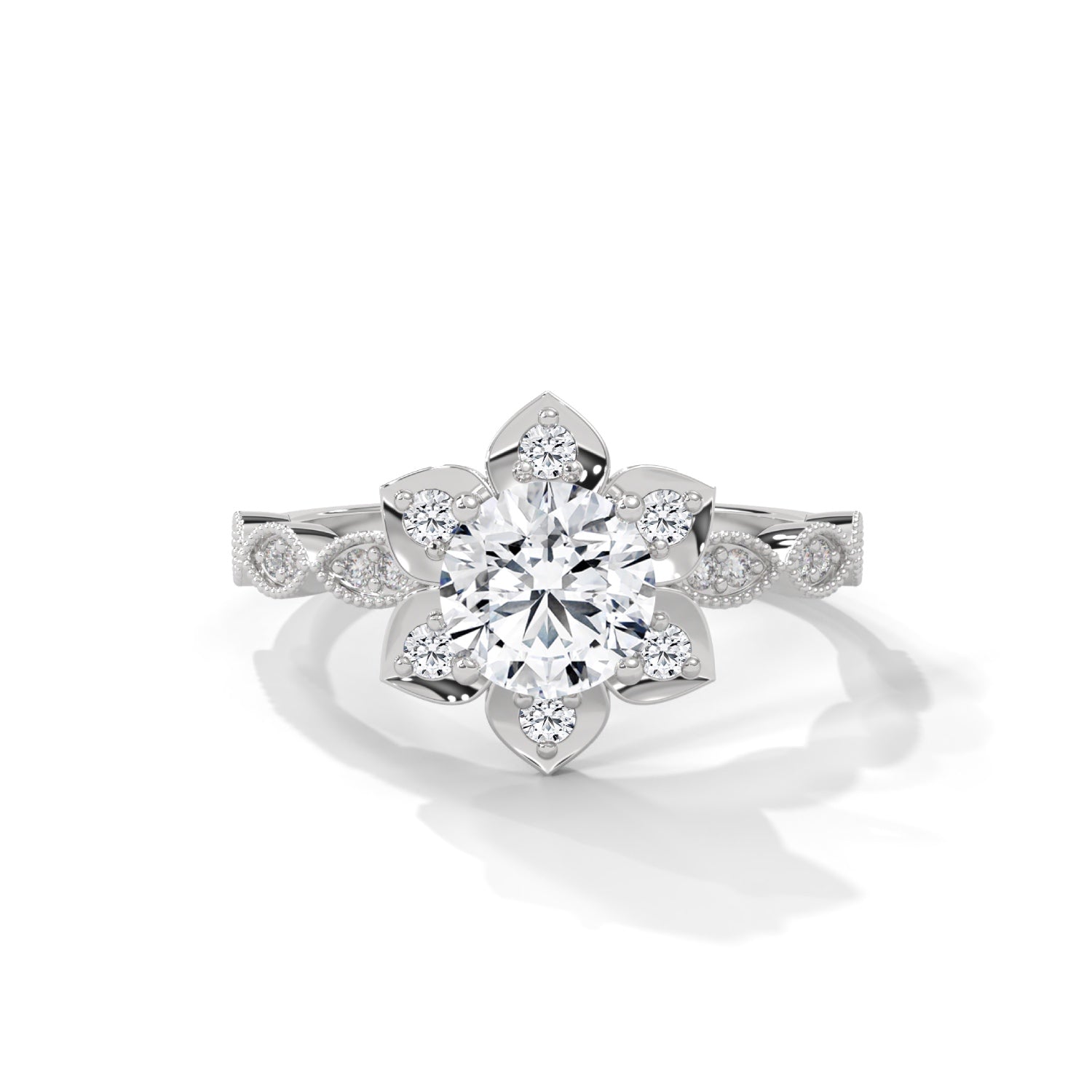 Round Brilliant Cut Lab-Grown Diamond Lotus Flower Engagement Ring in White Gold