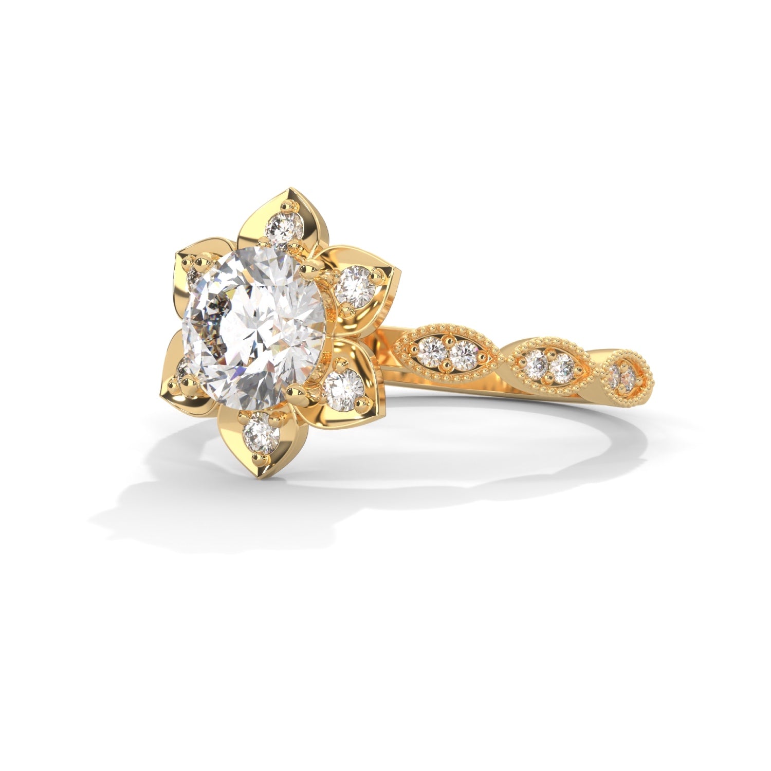 Round Brilliant Cut Lab-Grown Diamond Lotus Flower Engagement Ring in Yellow Gold