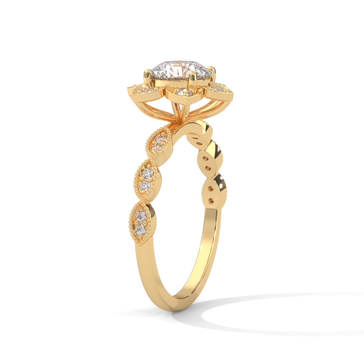 Round Brilliant Cut Lab-Grown Diamond Lotus Flower Engagement Ring in Yellow Gold