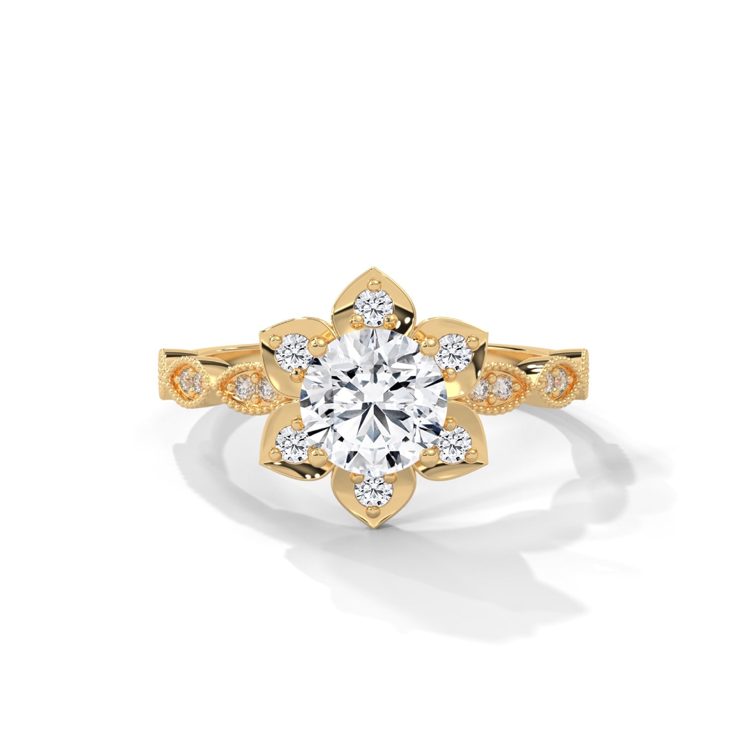 Round Brilliant Cut Lab-Grown Diamond Lotus Flower Engagement Ring in Yellow Gold