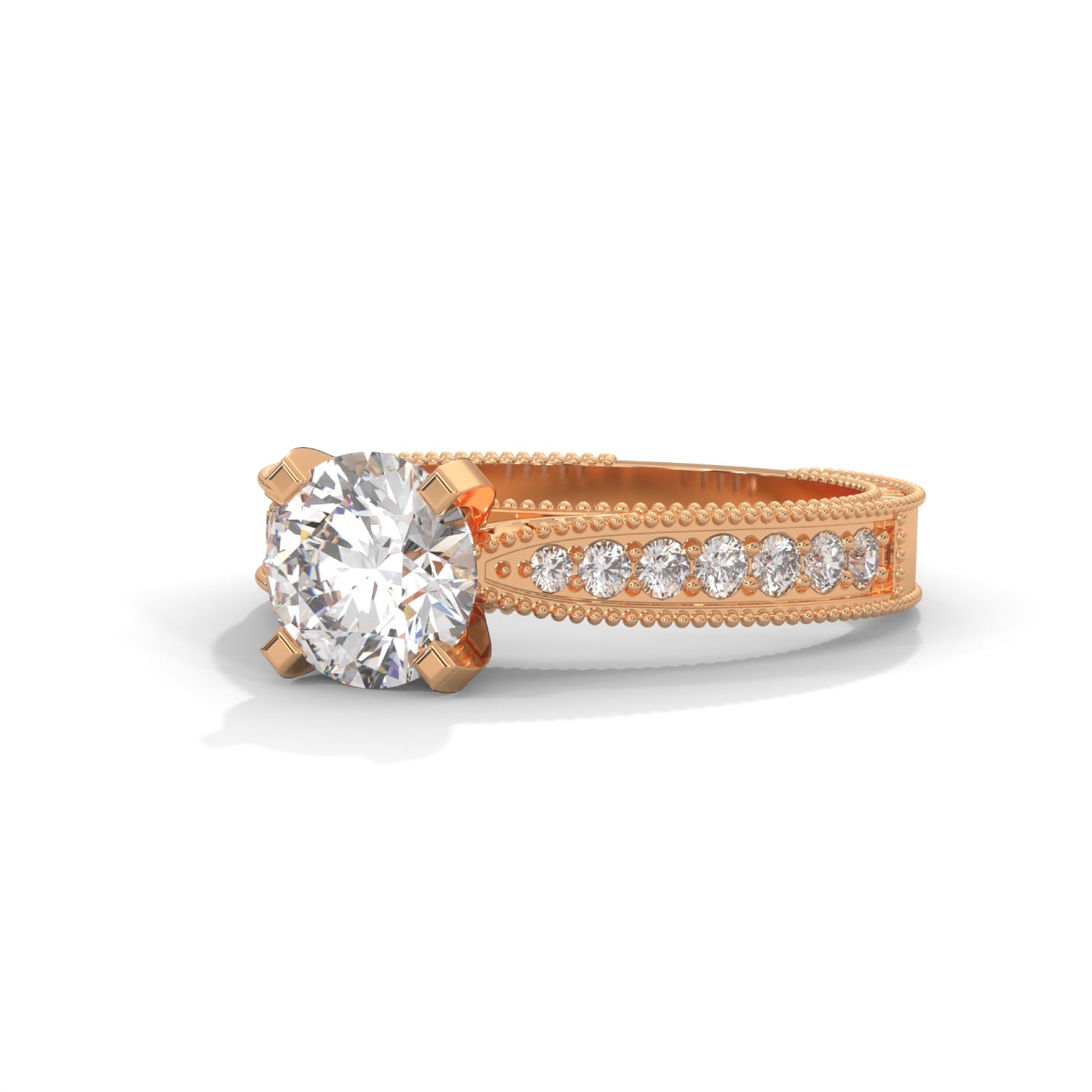 Round Brilliant Cut Lab-Grown Diamond Milgrain Pavé Engagement Ring in Rose Gold