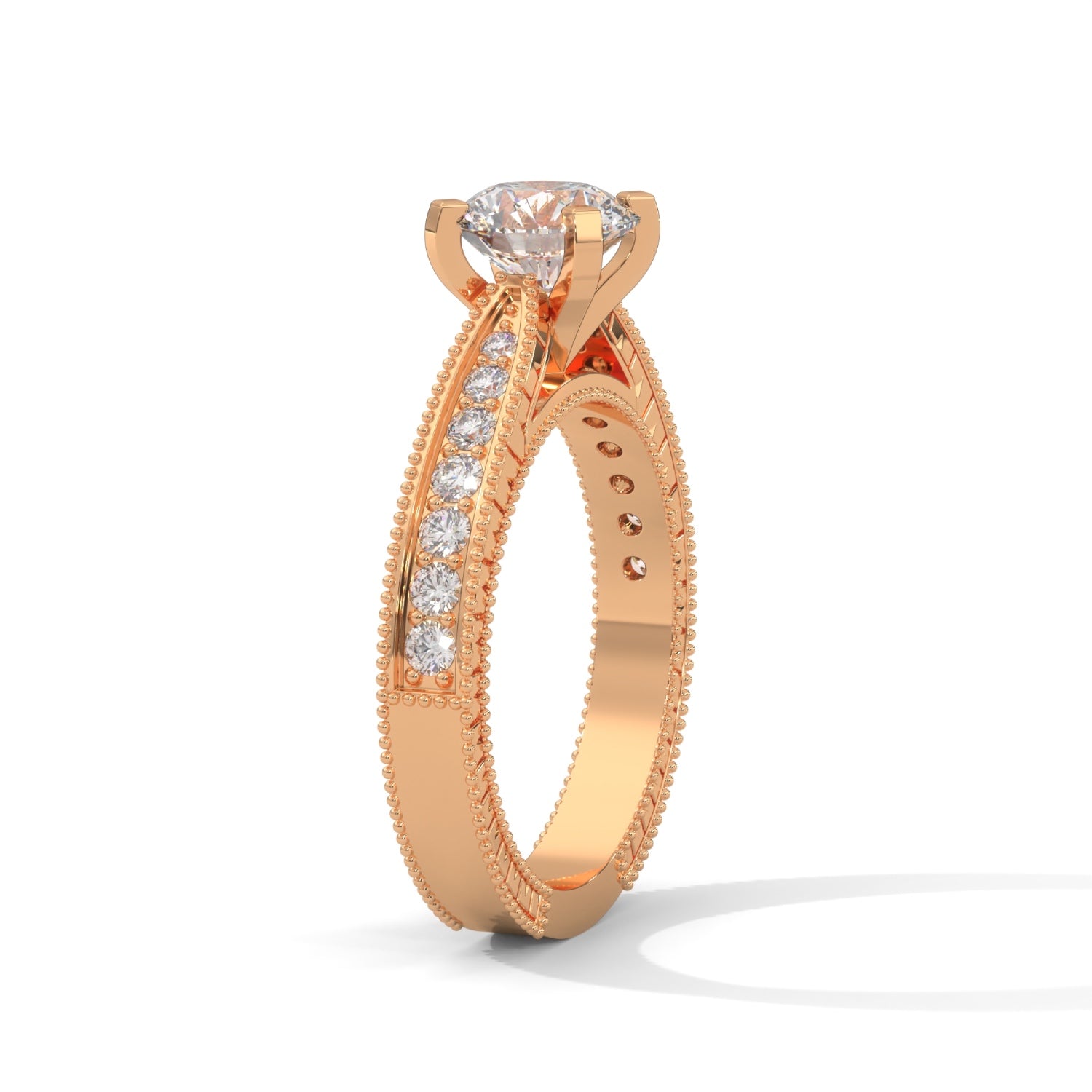 Round Brilliant Cut Lab-Grown Diamond Milgrain Pavé Engagement Ring in Rose Gold