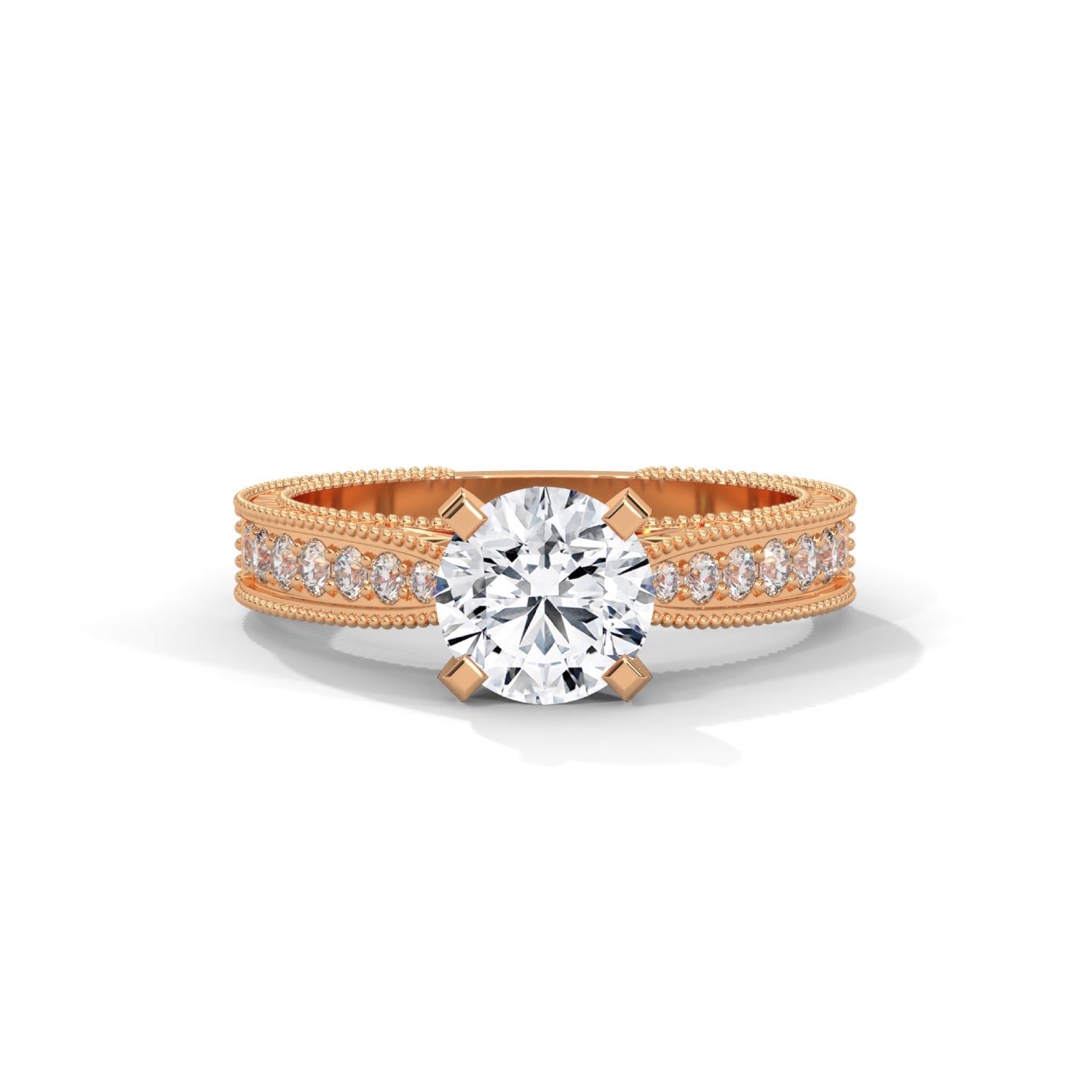 Round Brilliant Cut Lab-Grown Diamond Milgrain Pavé Engagement Ring in Rose Gold