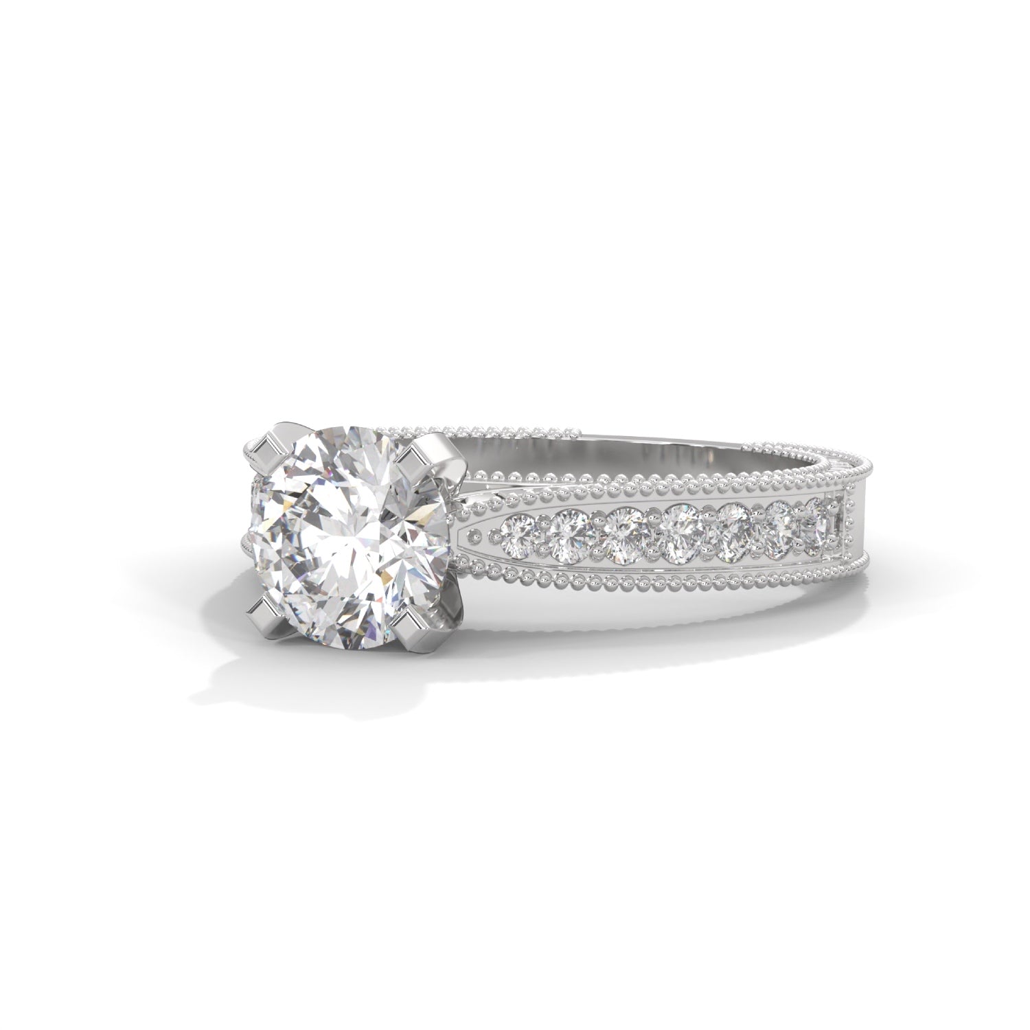 Round Brilliant Cut Lab-Grown Diamond Milgrain Pavé Engagement Ring in White Gold