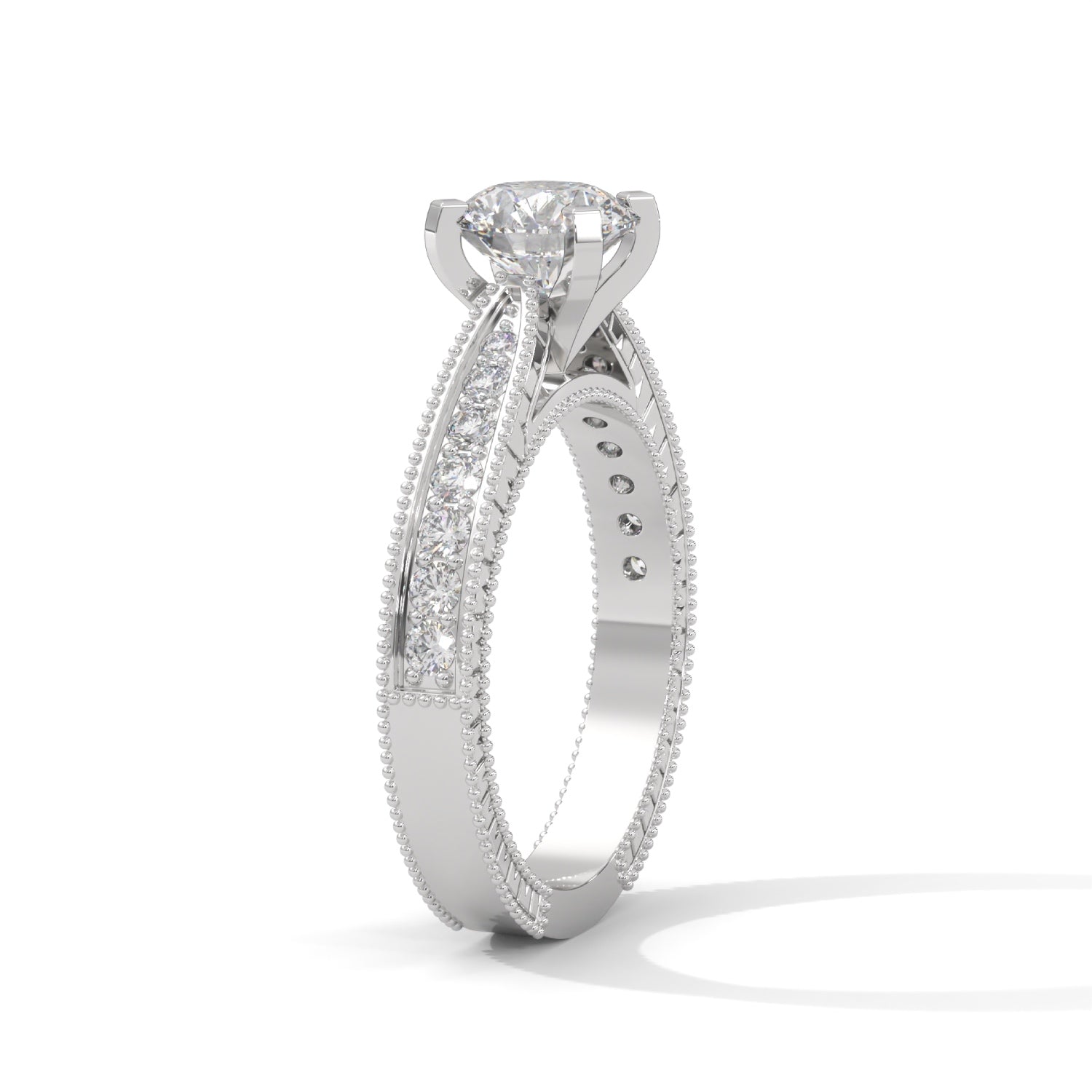 Round Brilliant Cut Lab-Grown Diamond Milgrain Pavé Engagement Ring in White Gold