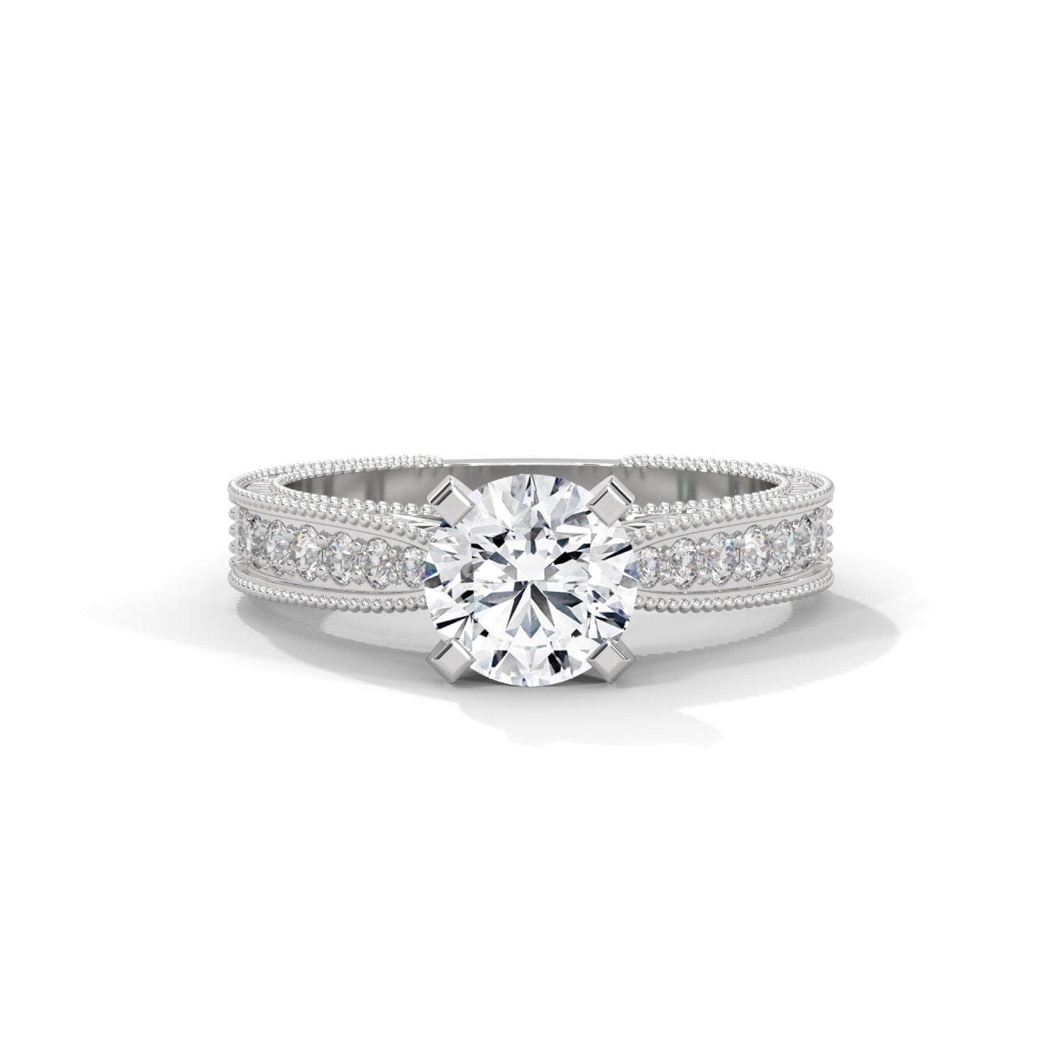 Round Brilliant Cut Lab-Grown Diamond Milgrain Pavé Engagement Ring in White Gold