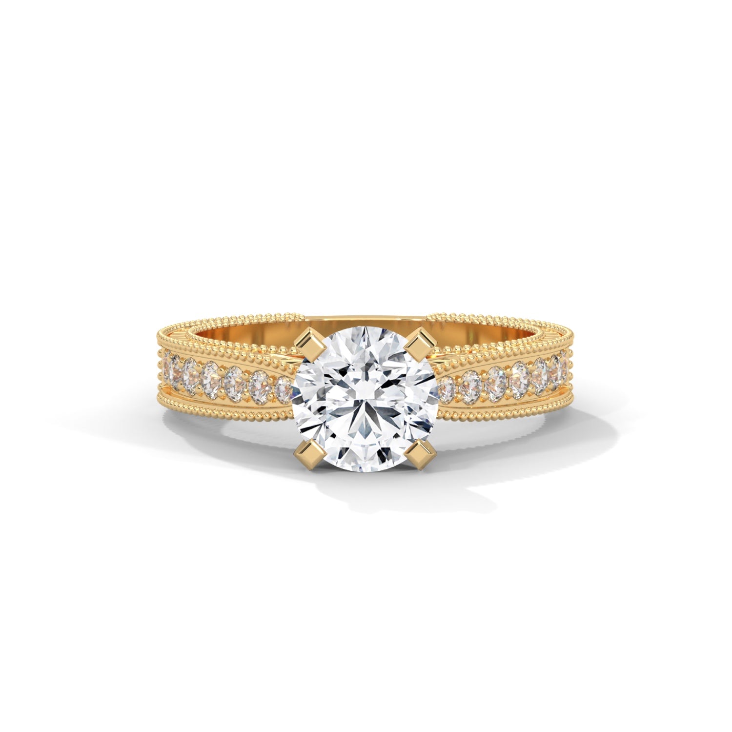 Round Brilliant Cut Lab-Grown Diamond Milgrain Pavé Engagement Ring in Yellow Gold