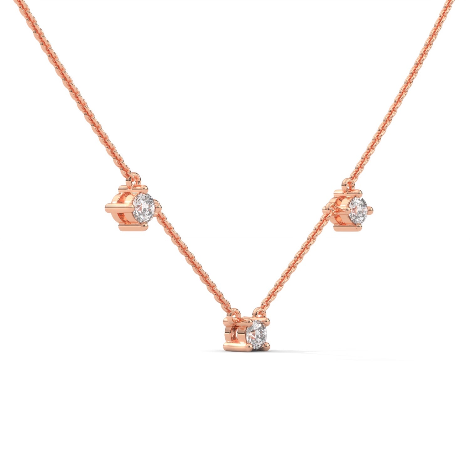 Round Brilliant Cut Lab-Grown Diamond Trio Station Necklace in Rose Gold