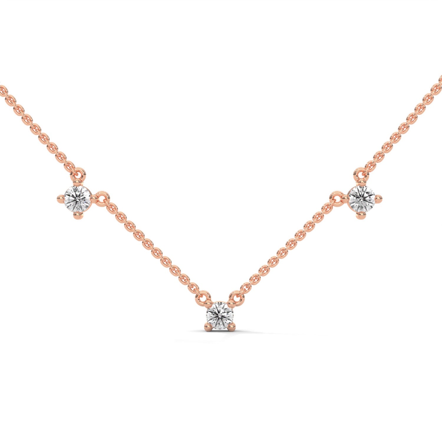 Round Brilliant Cut Lab-Grown Diamond Trio Station Necklace in Rose Gold