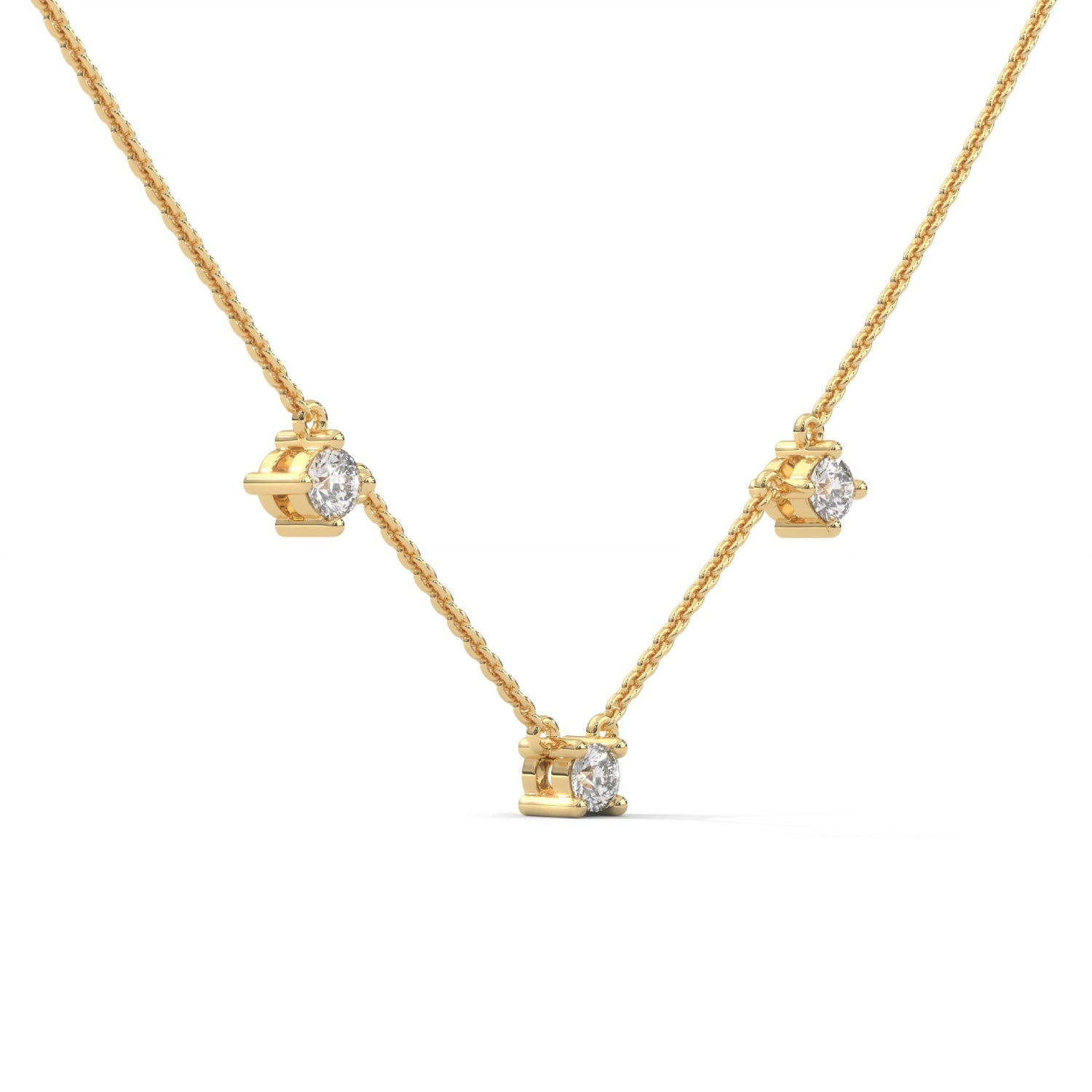 Round Brilliant Cut Lab-Grown Diamond Trio Station Necklace in Yellow Gold