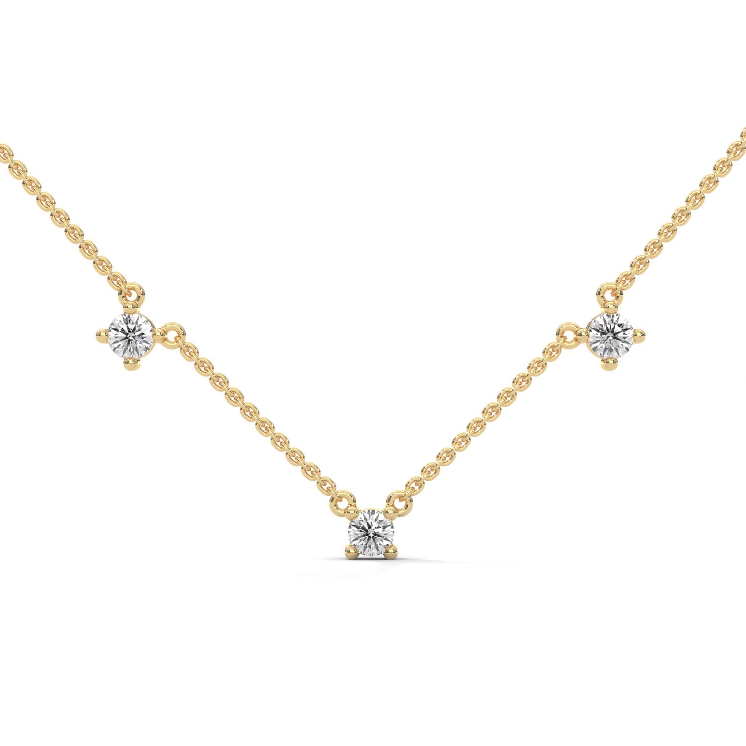 Round Brilliant Cut Lab-Grown Diamond Trio Station Necklace in Yellow Gold