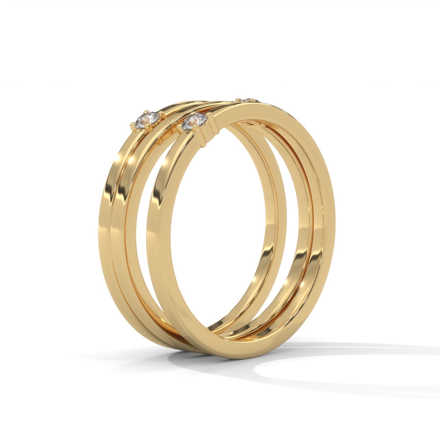Round Brilliant Cut Lab-Grown Diamond Triple Band Ring in Yellow Gold