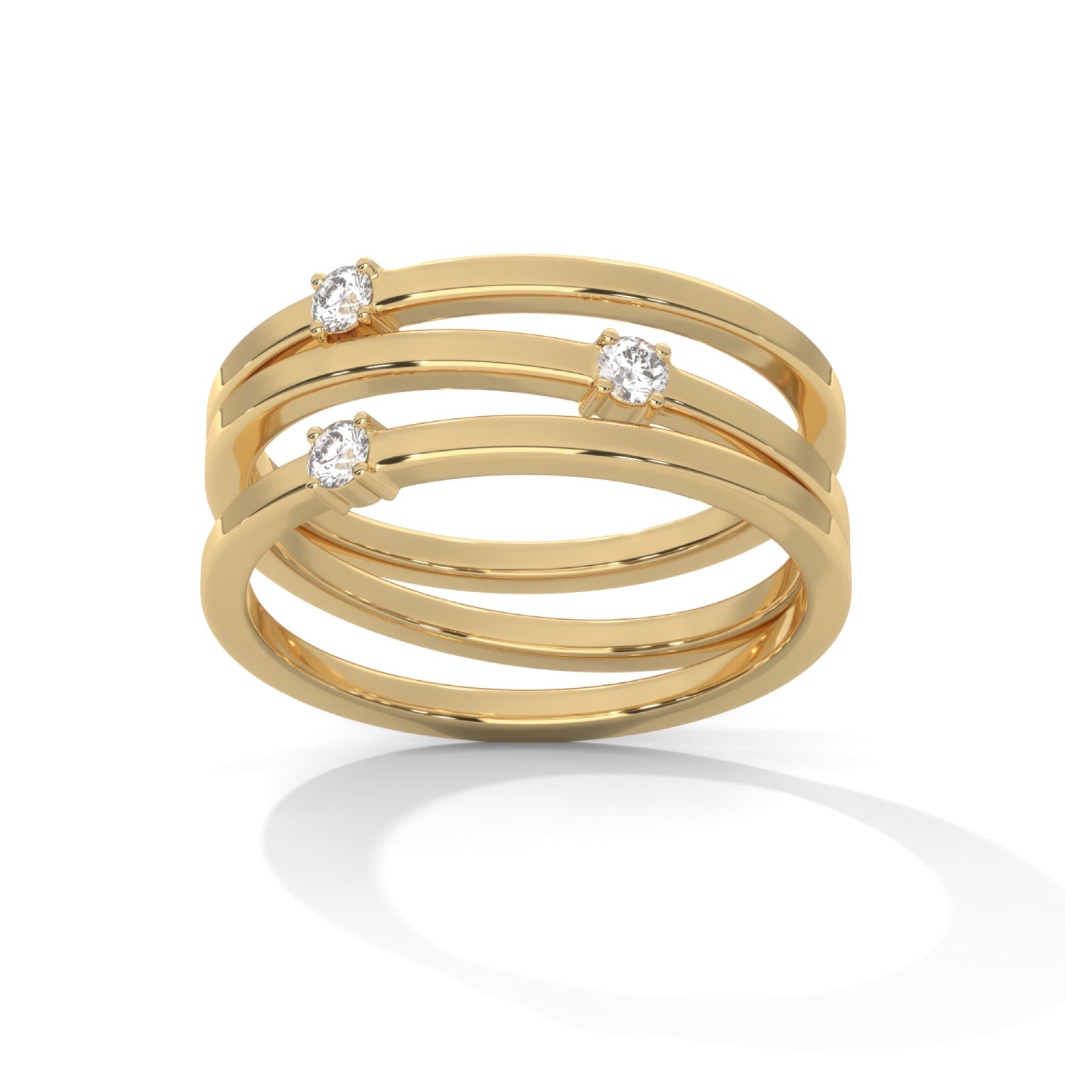 Round Brilliant Cut Lab-Grown Diamond Triple Band Ring in Yellow Gold