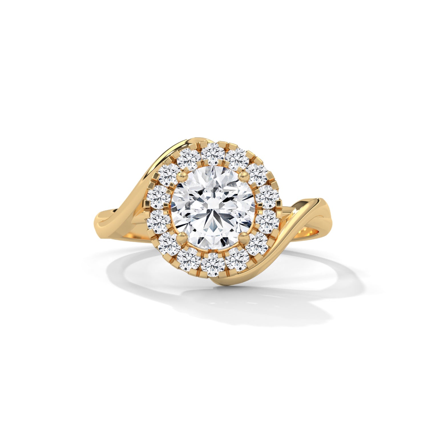 Round Brilliant Cut Lab-Grown Diamond Twisted Halo Engagement Ring in Yellow Gold