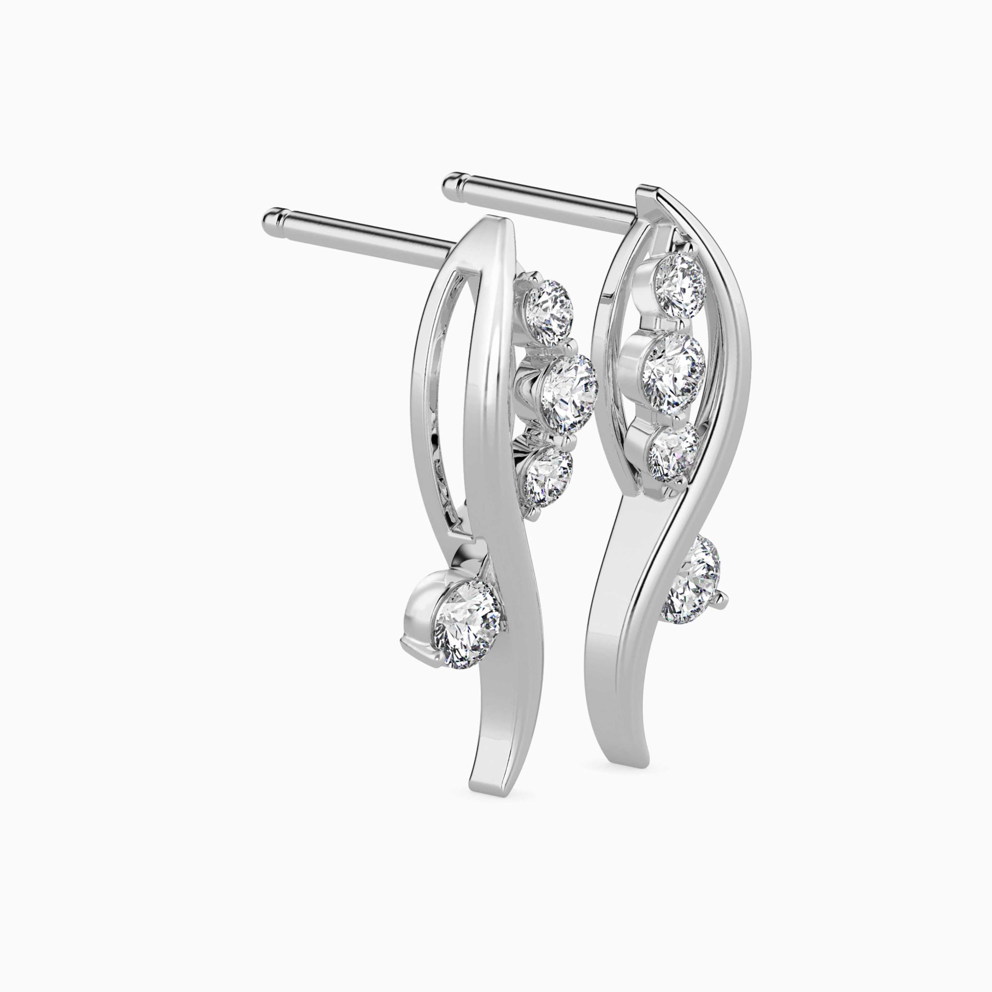 Round Brilliant Cut Lab-Grown Diamond Wave Stud Earrings in White Gold Side View