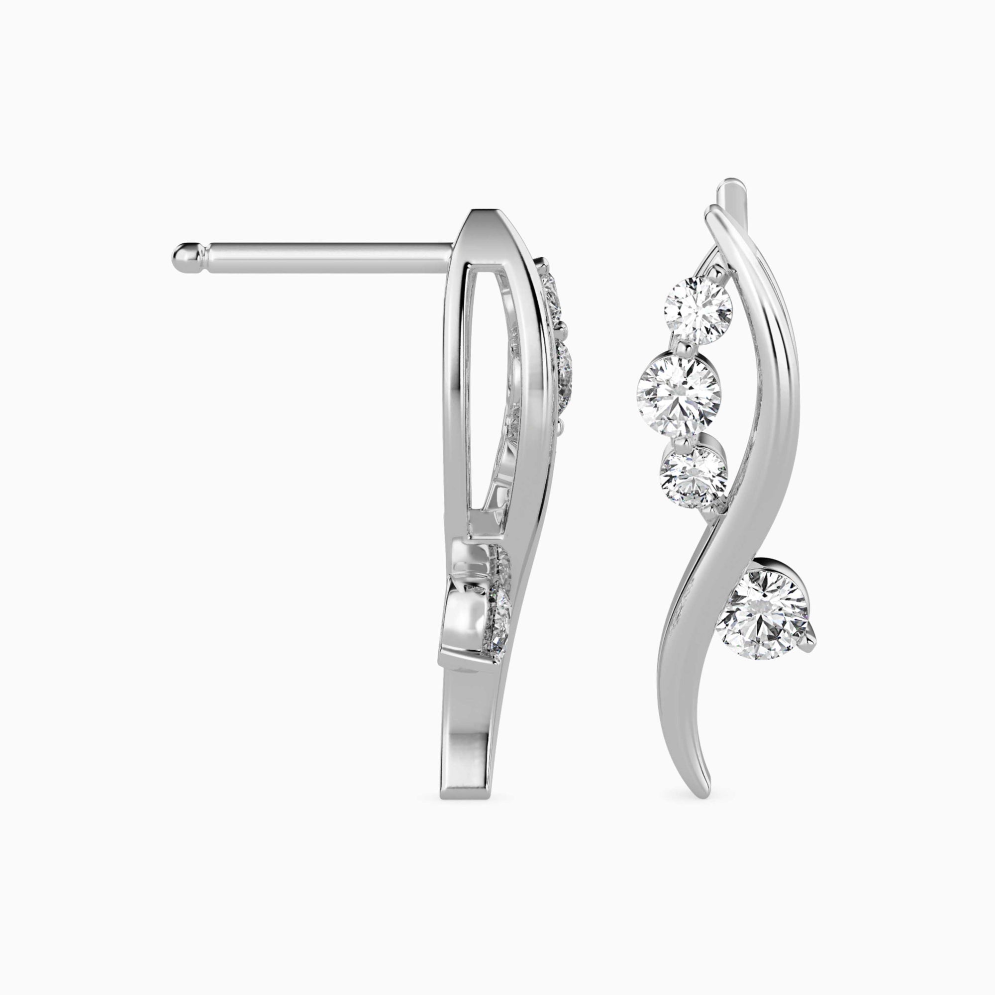 Round Brilliant Cut Lab-Grown Diamond Wave Stud Earrings in White Gold Side View