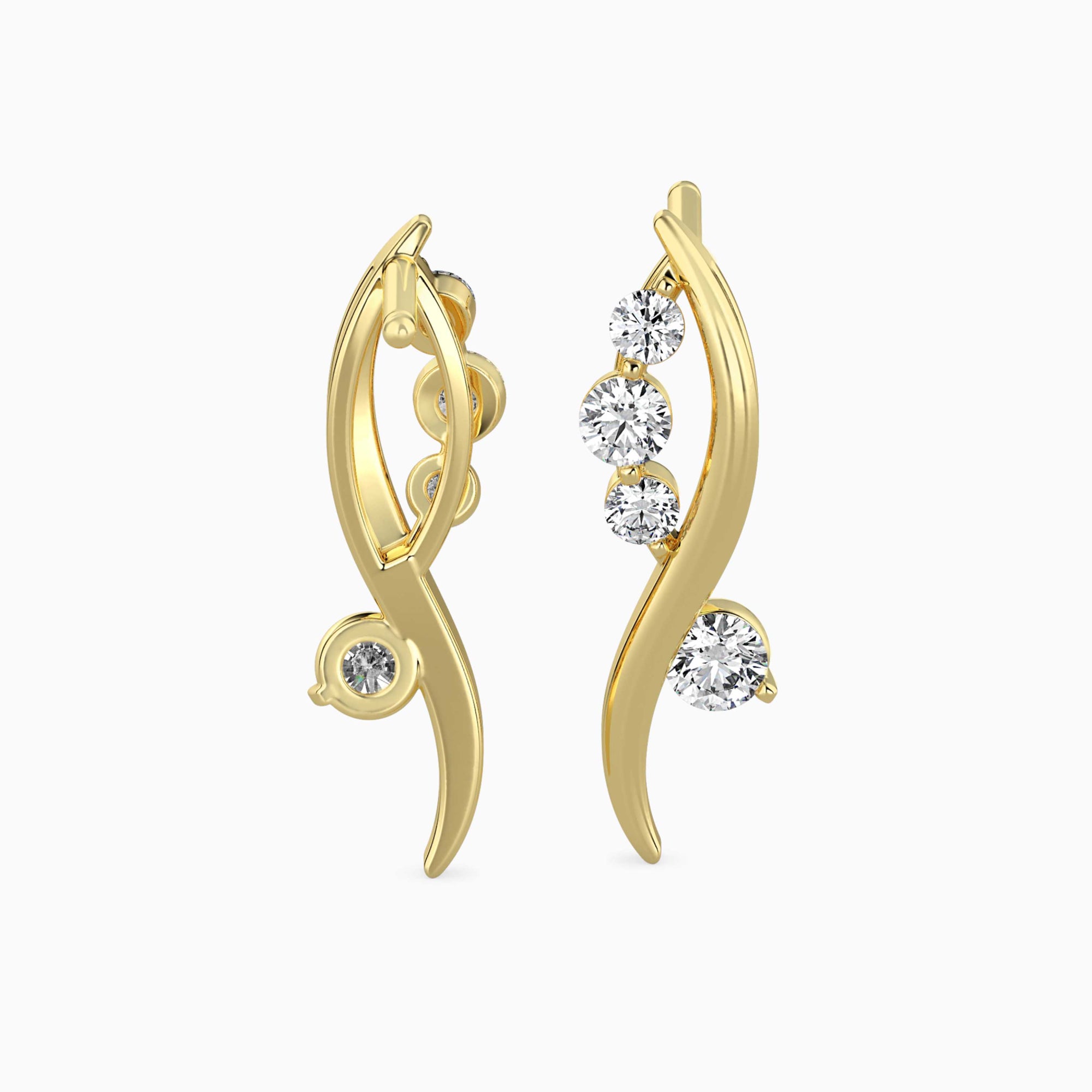 Round Brilliant Cut Lab-Grown Diamond Wave Stud Earrings in Yellow Gold Back View