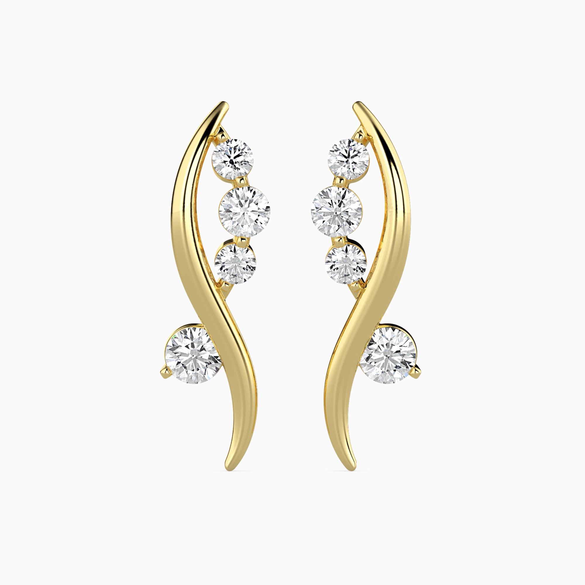 Round Brilliant Cut Lab-Grown Diamond Wave Stud Earrings in Yellow Gold Front View