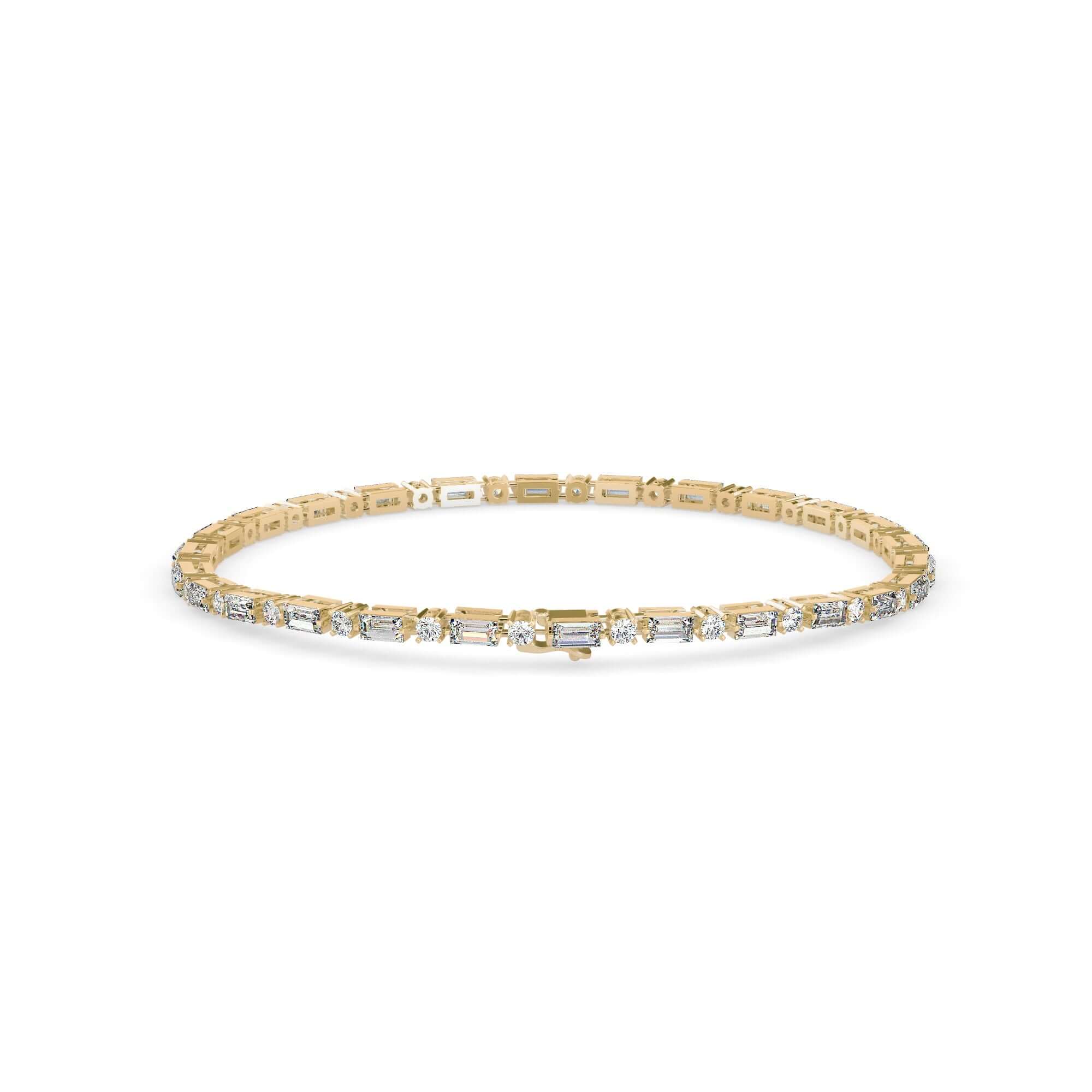 Round Brilliant and Baguette Cut Lab-Grown Diamond Tennis Bracelet in Yellow Gold