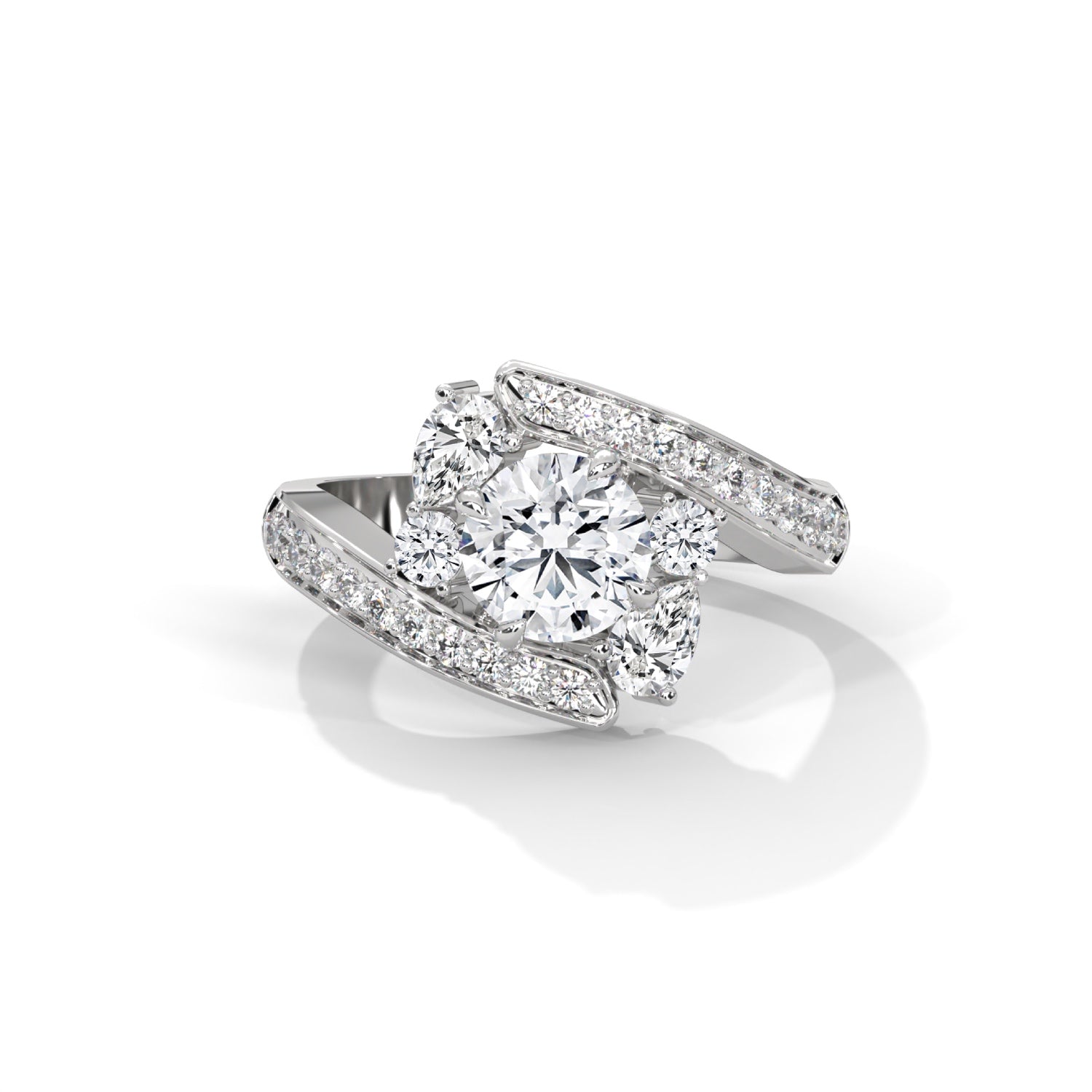 Round Brilliant and Pear Cut Lab-Grown Diamond Split Shank Engagement Ring in White Gold