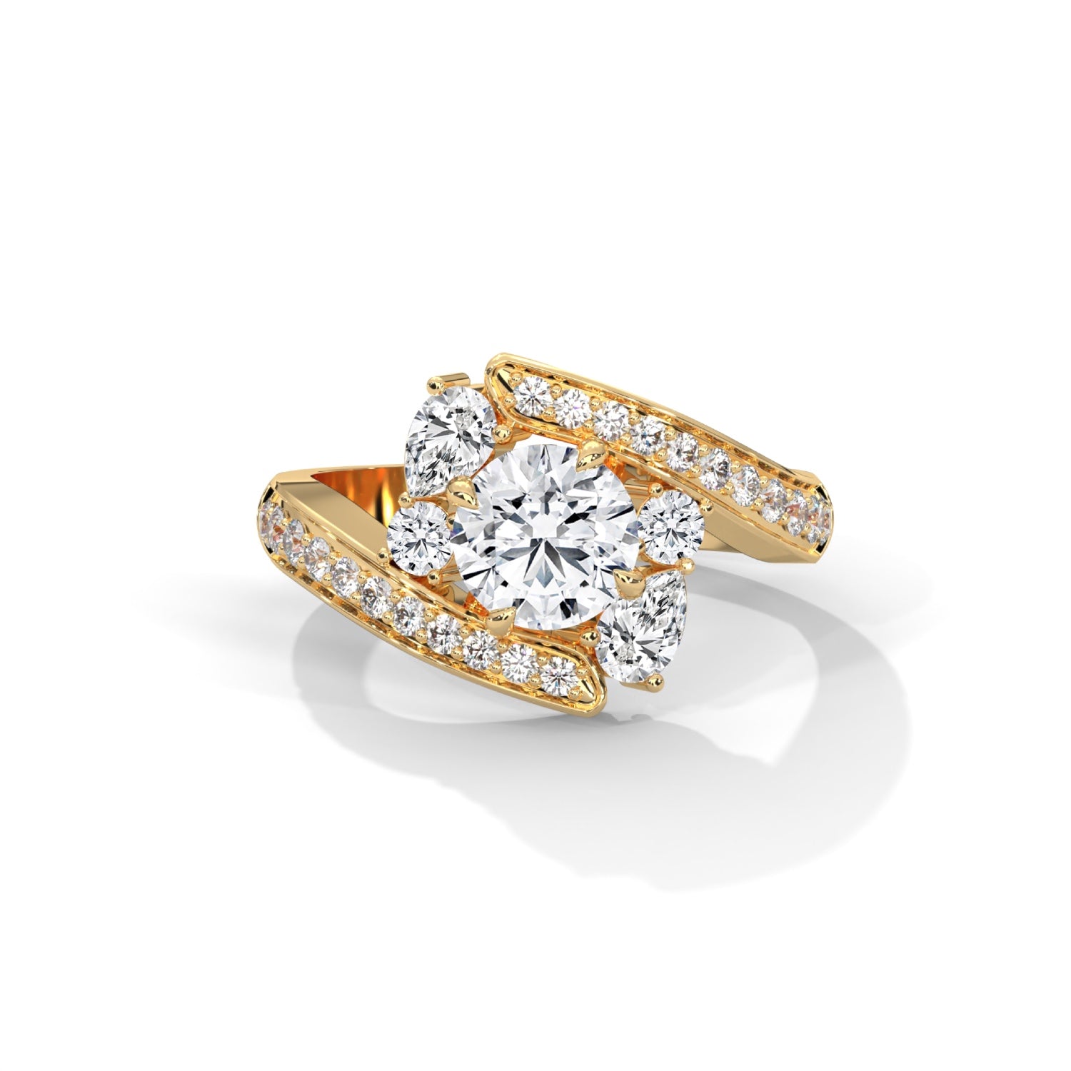 Round Brilliant and Pear Cut Lab-Grown Diamond Split Shank Engagement Ring in Yellow Gold