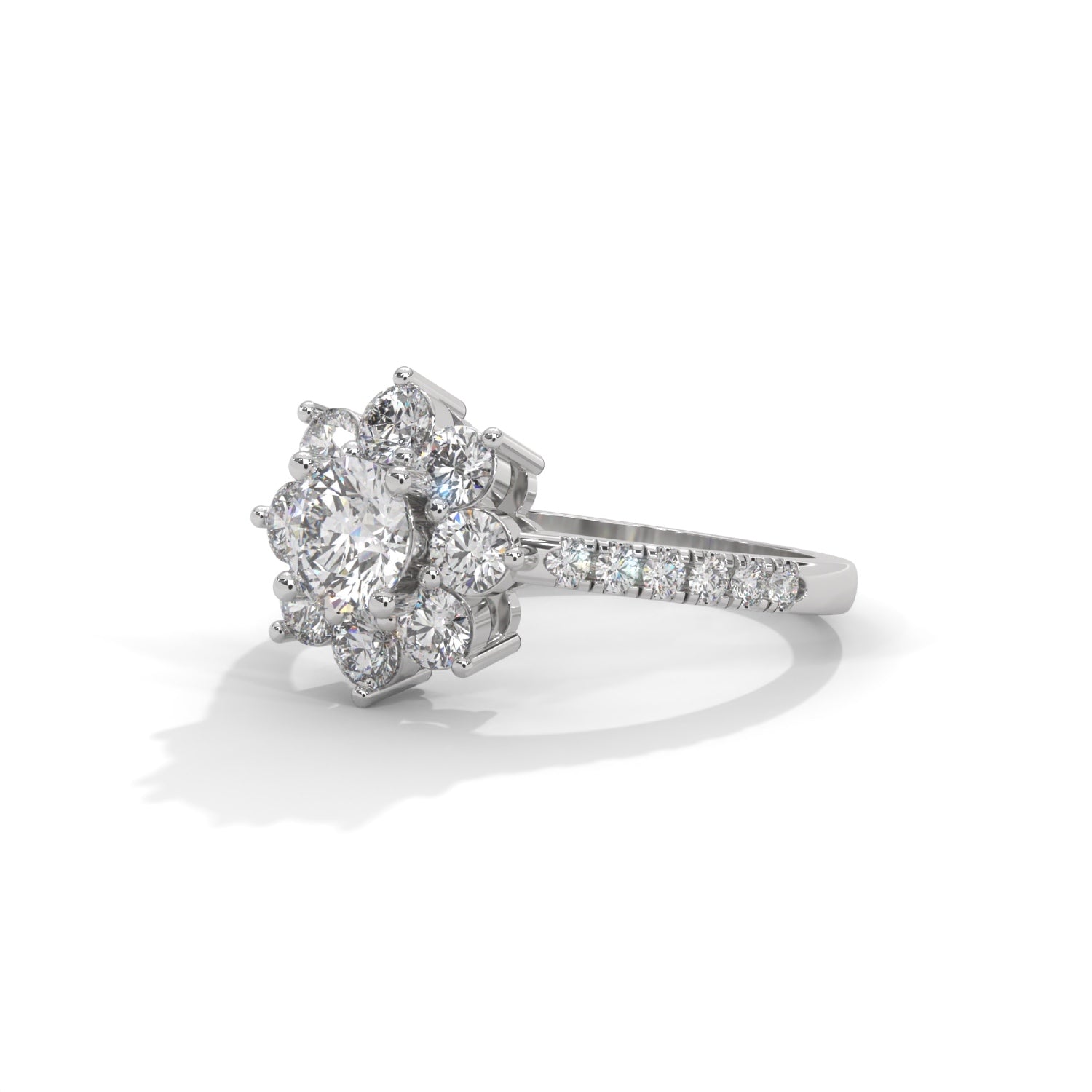 Round Brilliant Cut Lab-Grown Diamond Floral Halo Engagement Ring in White Gold