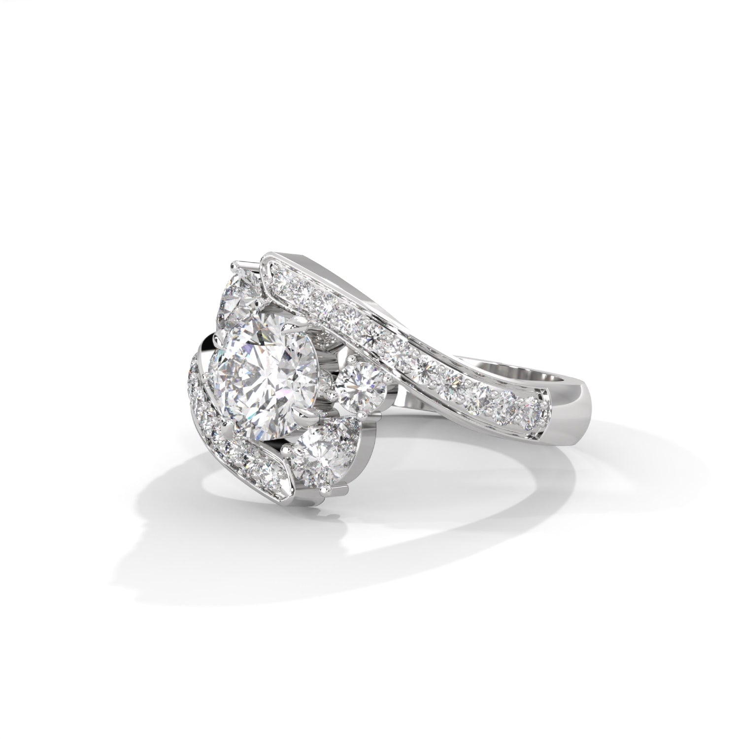 Round Brilliant and Pear Cut Lab-Grown Diamond Split Shank Engagement Ring in White Gold