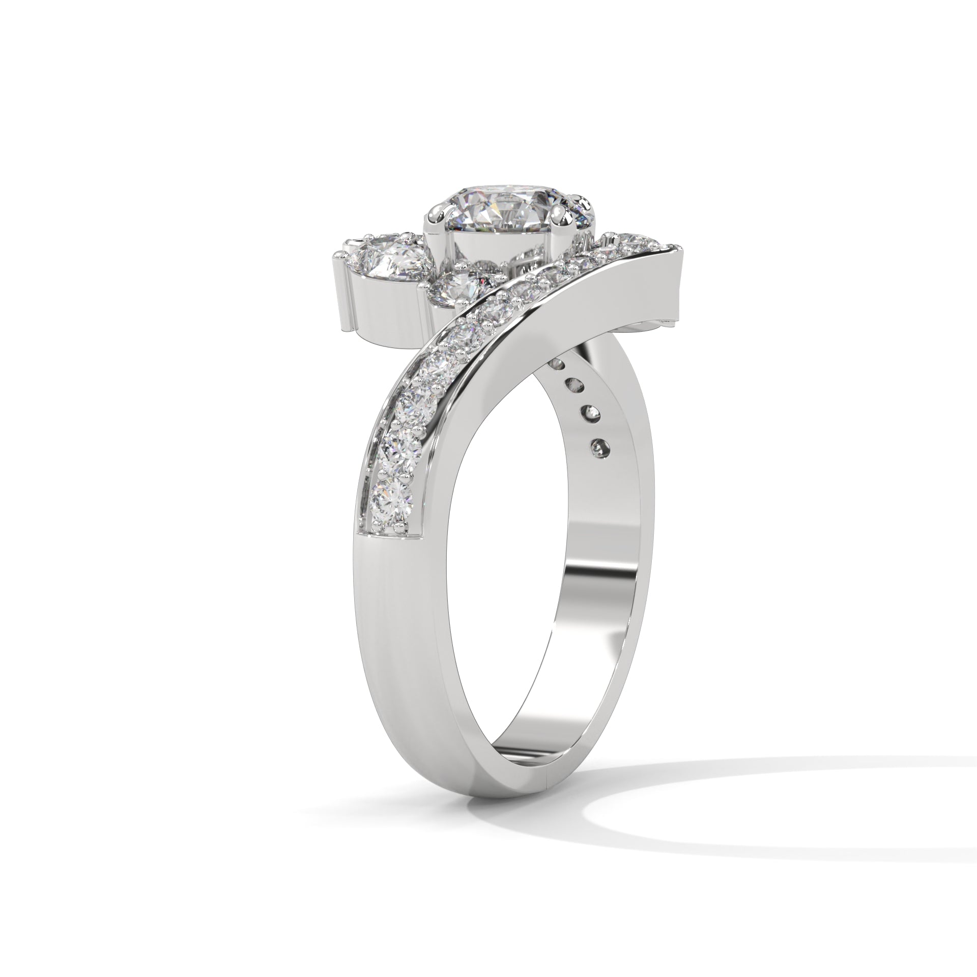 Round Brilliant and Pear Cut Lab-Grown Diamond Split Shank Engagement Ring in White Gold 
