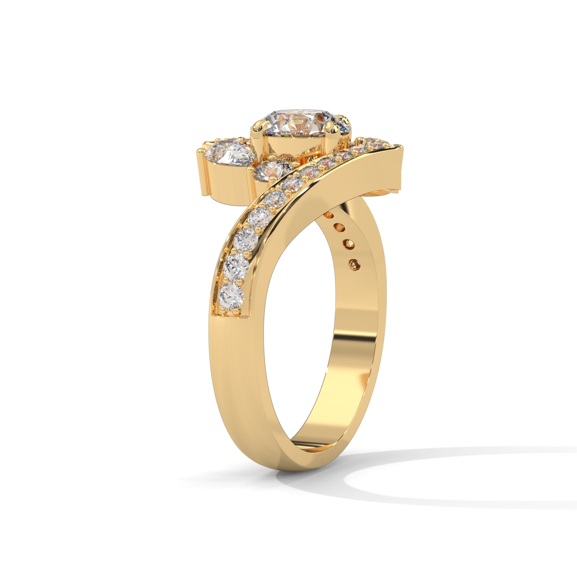 Round Brilliant and Pear Cut Lab-Grown Diamond Split Shank Engagement Ring in Yellow Gold