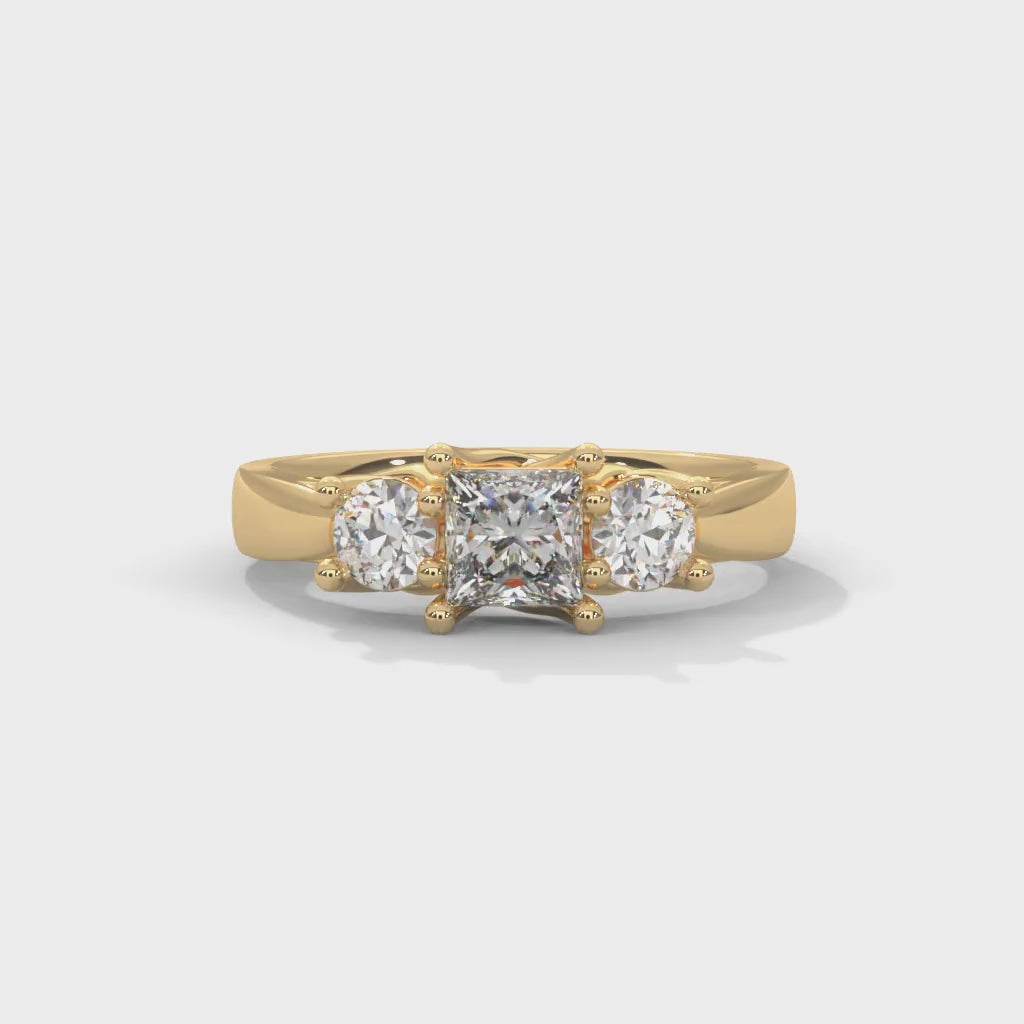 Princess and Round Brilliant Cut Lab-Grown Diamond Three-Stone Engagement Ring in Yellow Gold