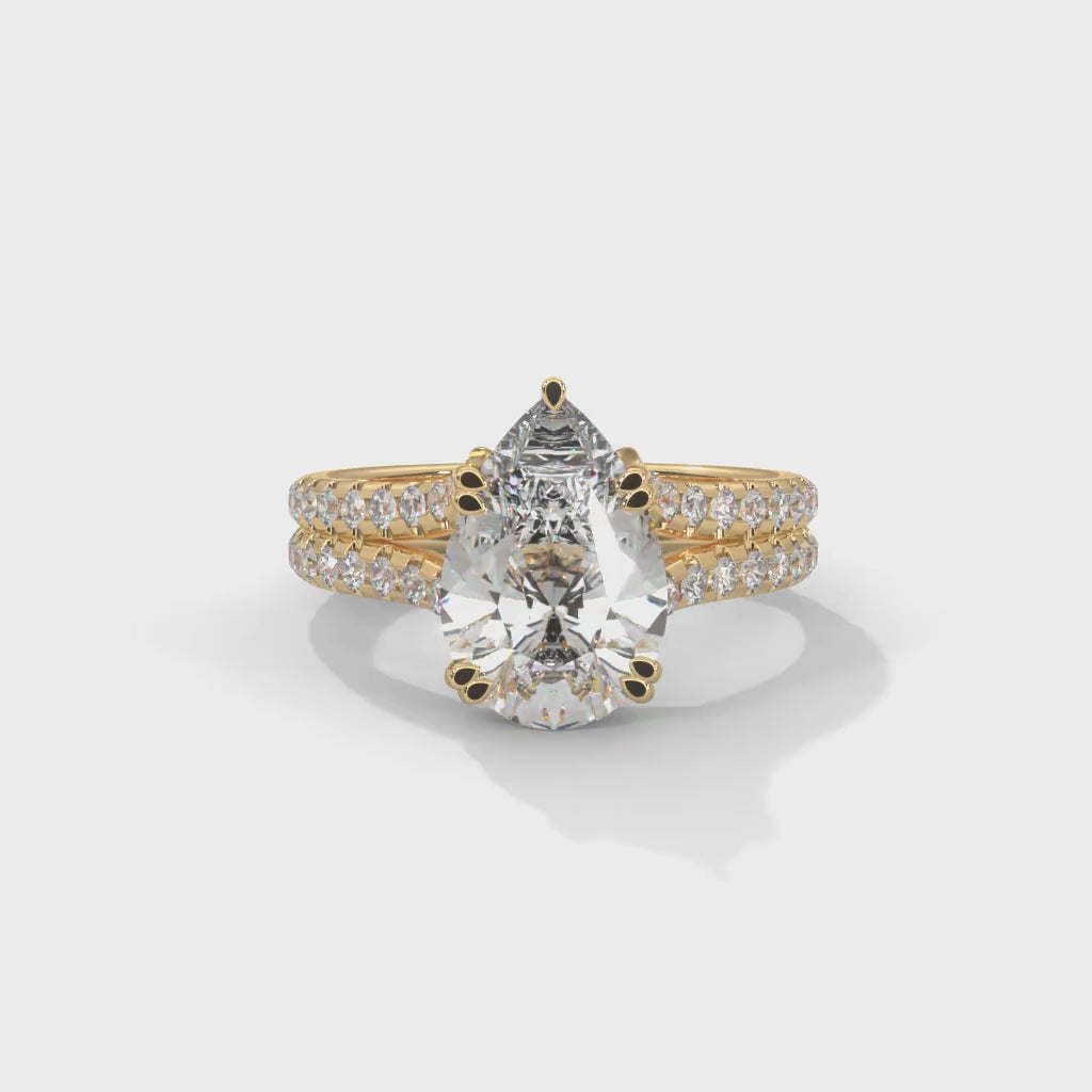 Pear-Shaped Lab-Grown Diamond Double-Band Pavé Engagement Ring in Yellow Gold