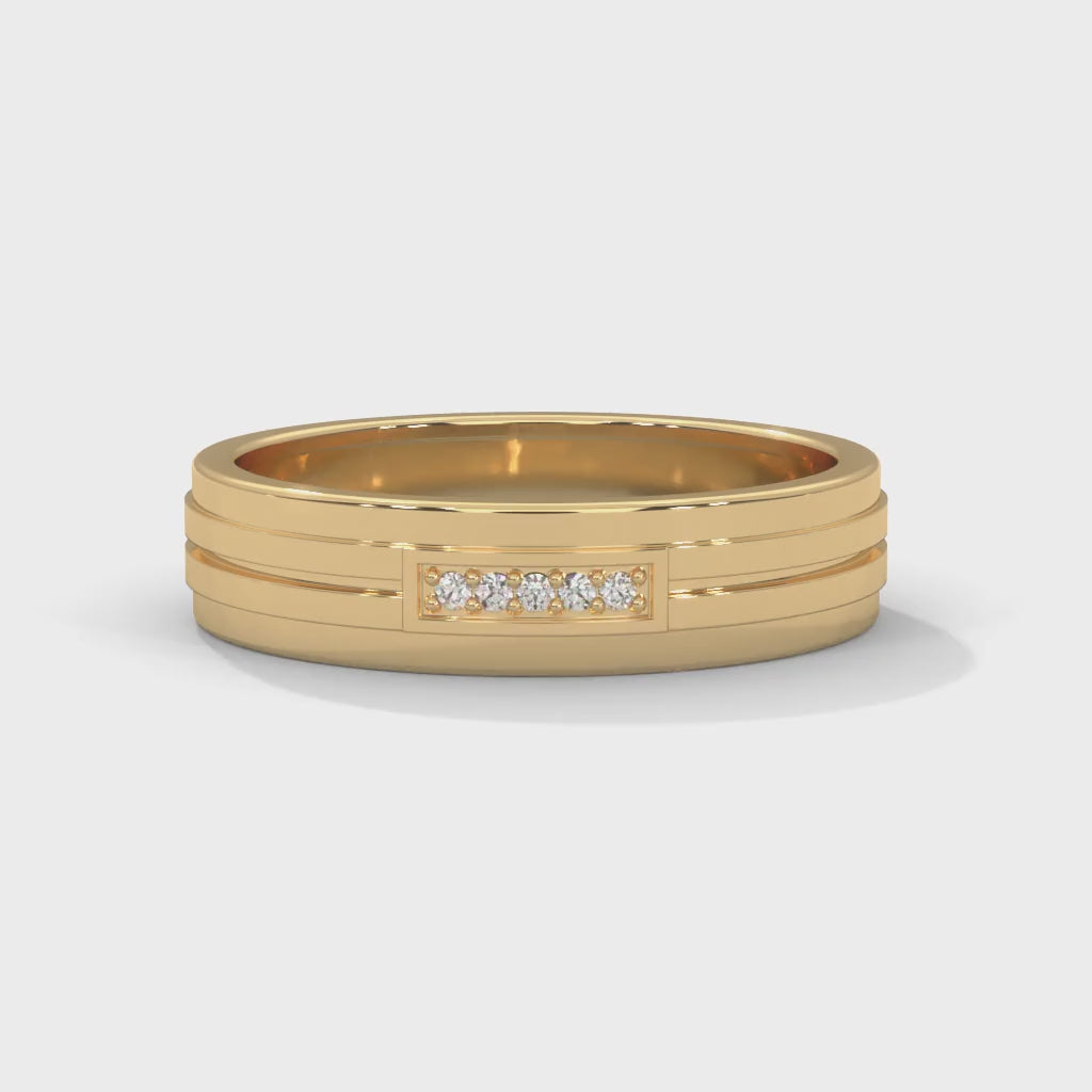 Lab-Grown Diamond Accent Grooved Wedding Ring in Yellow Gold