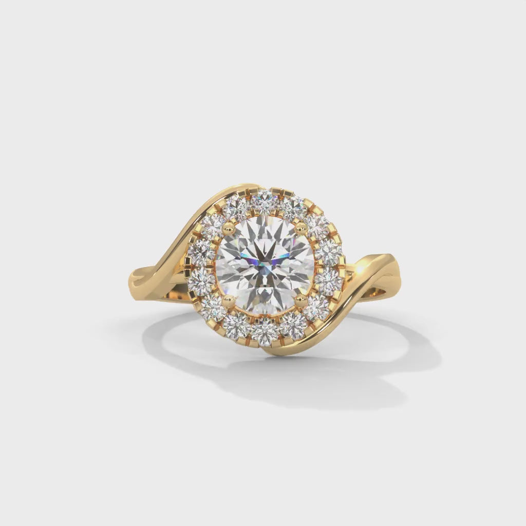 Round Brilliant Cut Lab-Grown Diamond Twisted Halo Engagement Ring in Yellow Gold