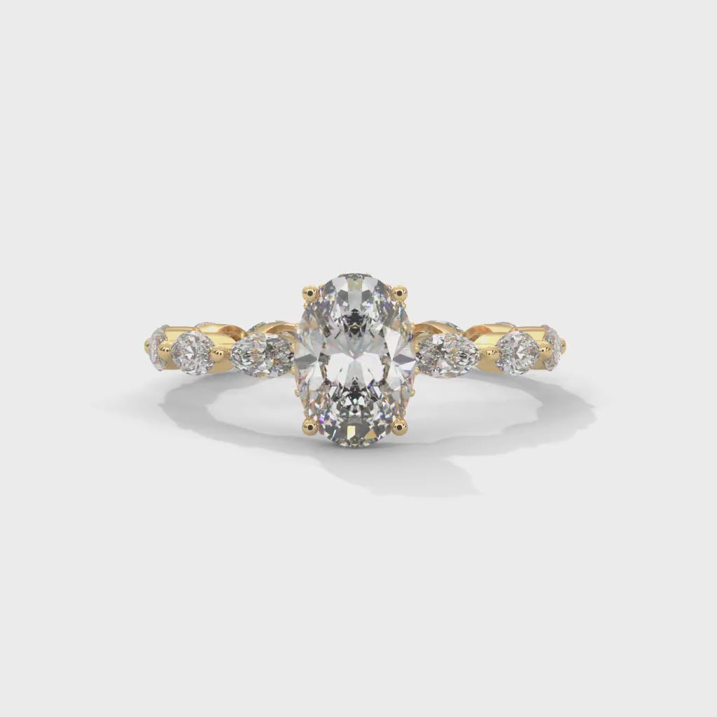 Oval-Shaped Lab-Grown Diamond Hidden Halo Scalloped Engagement Ring in Yellow Gold