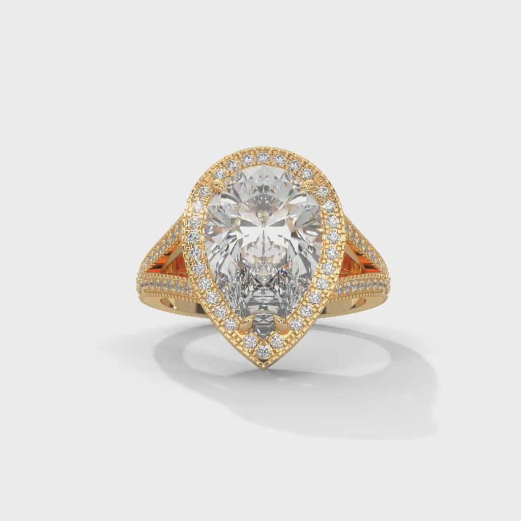 Pear-Shaped Lab-Grown Diamond Halo Split Shank Engagement Ring in Yellow Gold