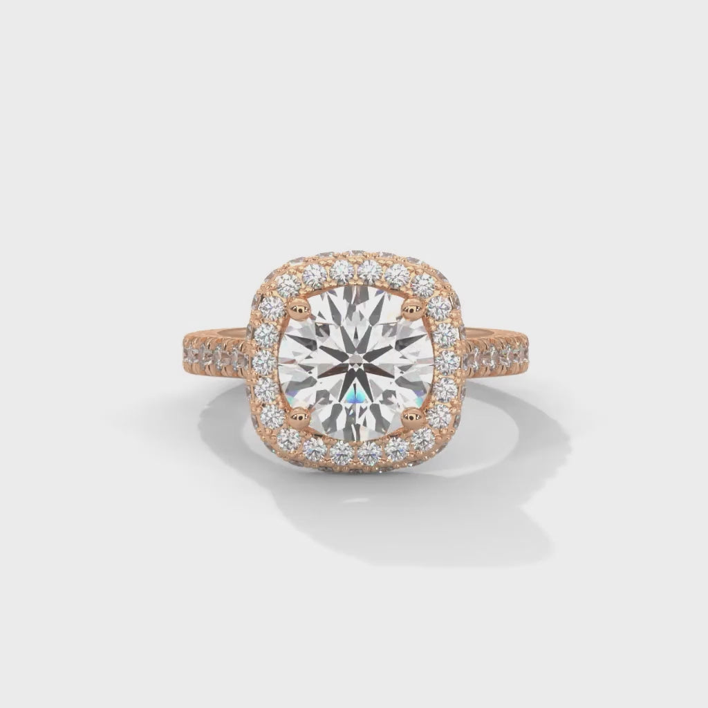 Round Brilliant Cut Lab-Grown Diamond Cushion Halo Engagement Ring in Rose Gold