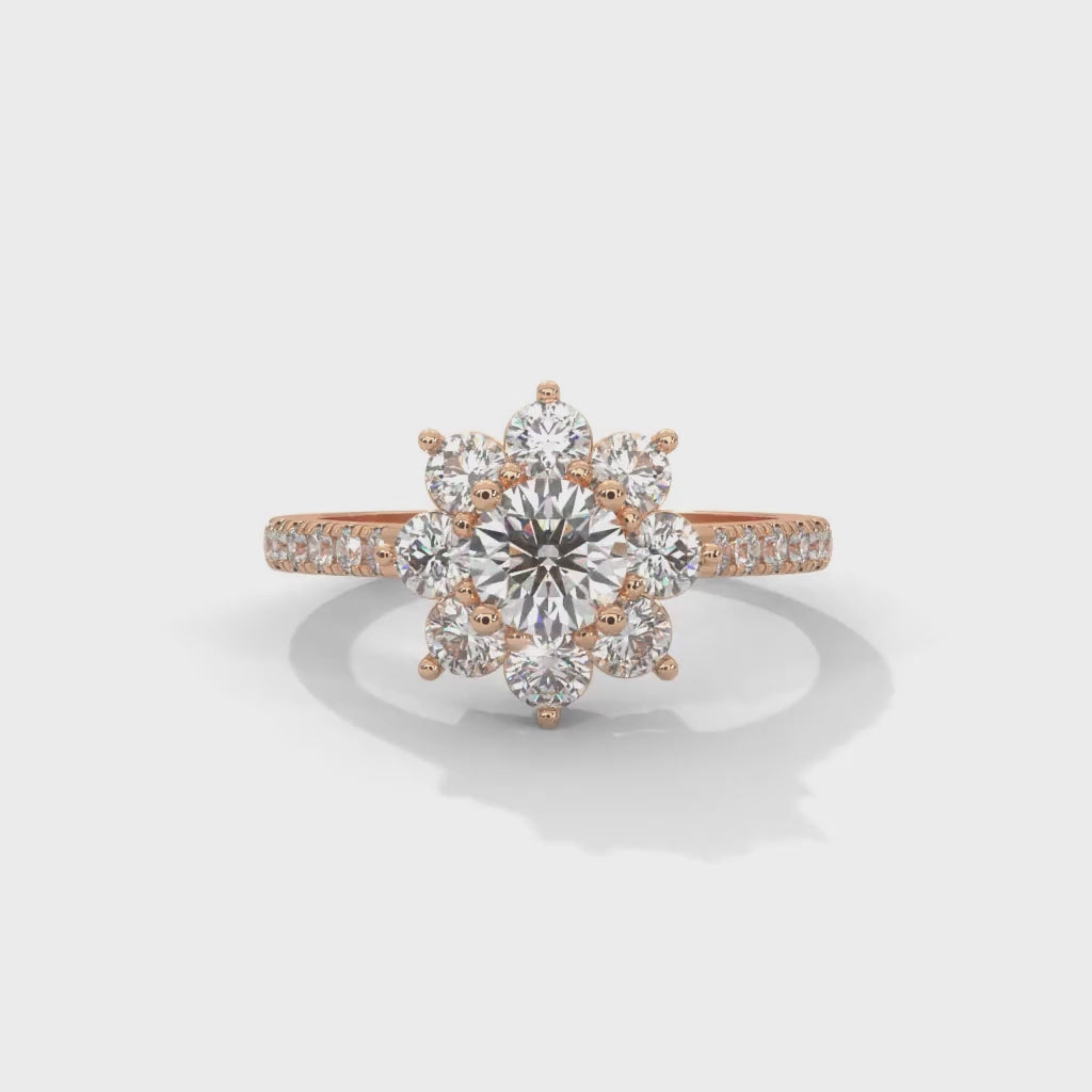 Round Brilliant Cut Lab-Grown Diamond Floral Halo Engagement Ring in Rose Gold