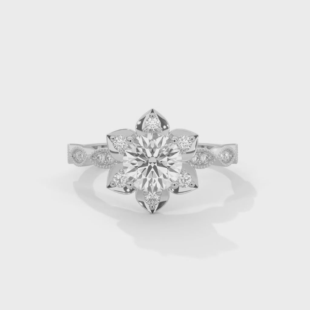 Round Brilliant Cut Lab-Grown Diamond Lotus Flower Engagement Ring in White Gold