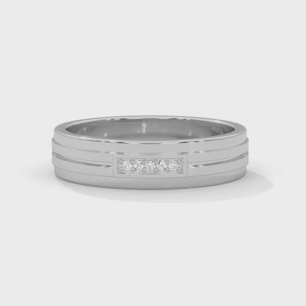 Lab-Grown Diamond Accent Grooved Wedding Ring in White Gold