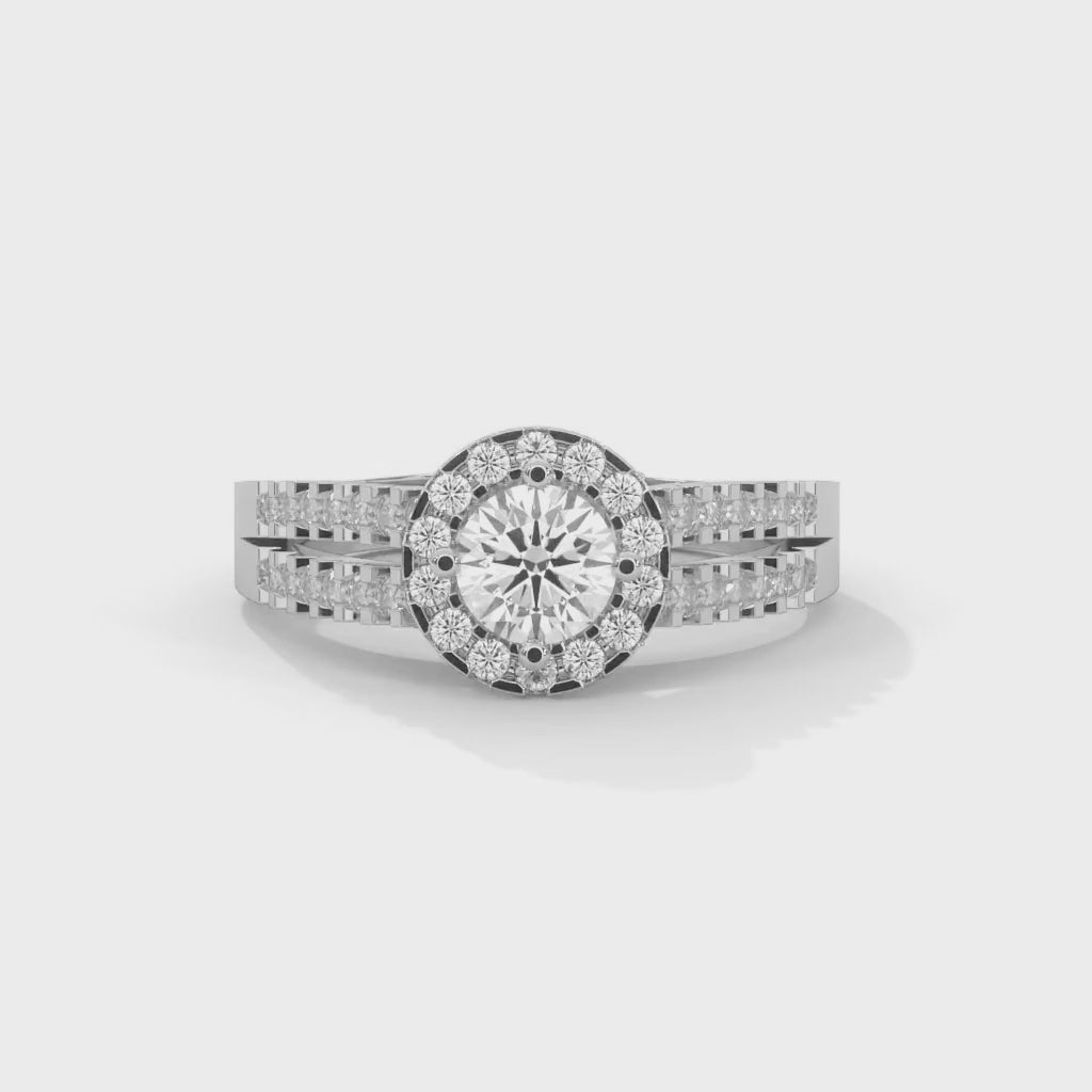 Round Brilliant Cut Lab-Grown Diamond Halo Split Shank Engagement Ring in White Gold